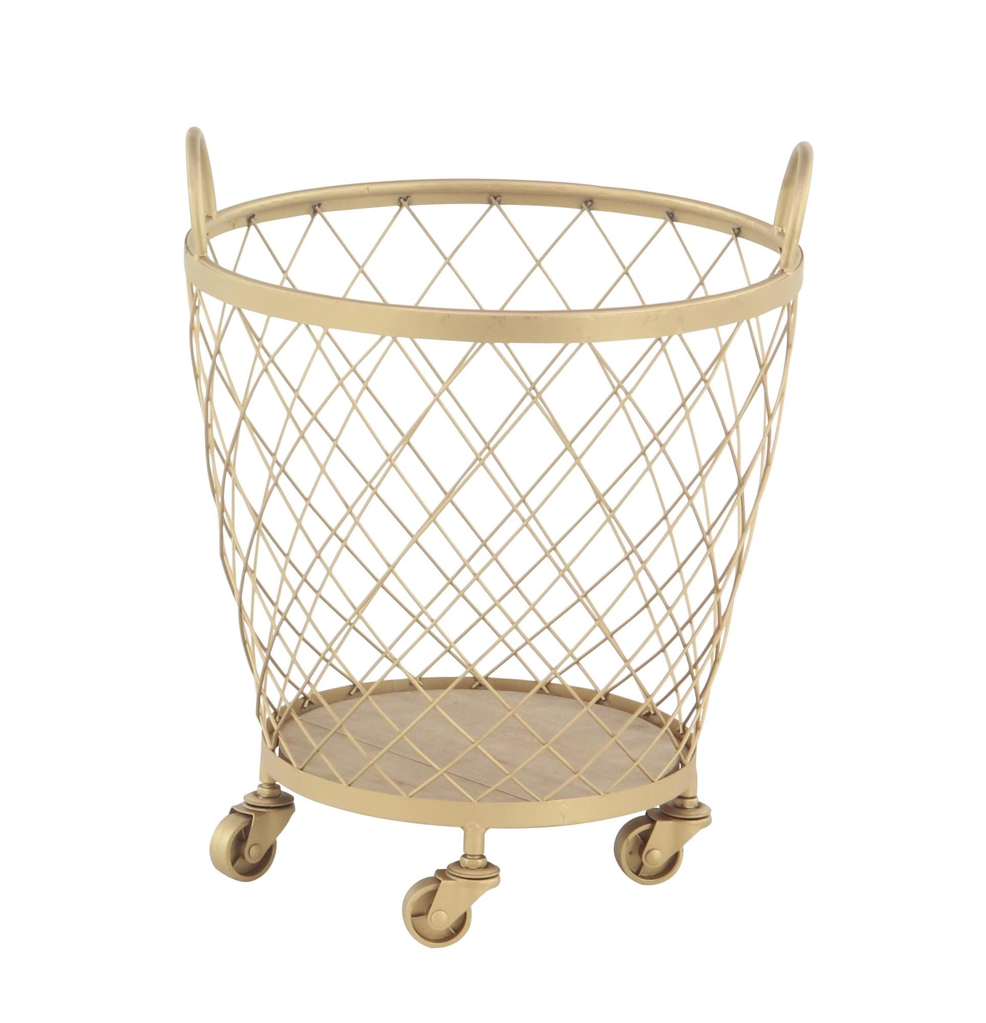 Set of 2 Gold Metal Mobile Wire Basket Mobile Storage Cart with Wood Interior