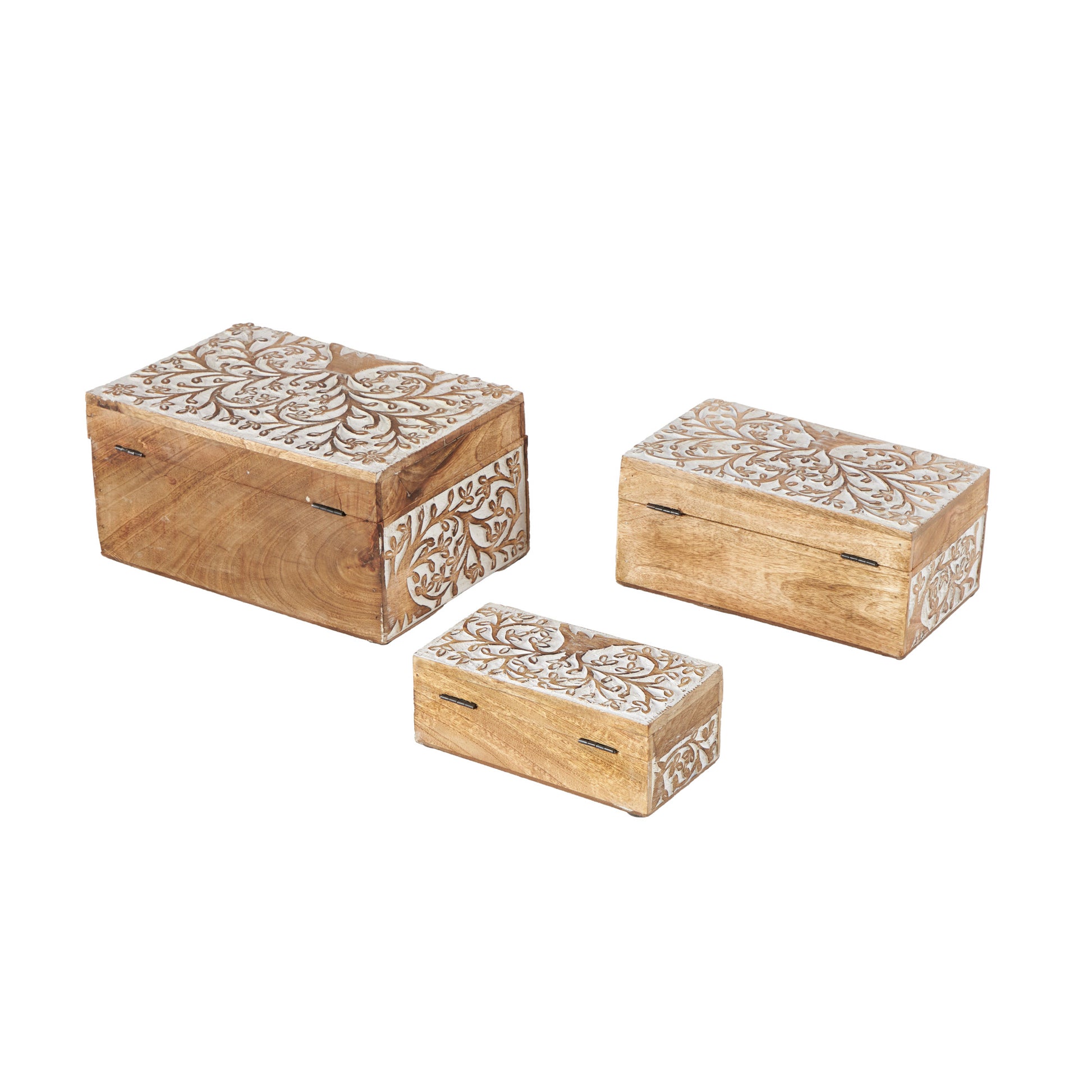 Set of 3 Tree Brown Mango Wood Carved Decorative Box with White Backing