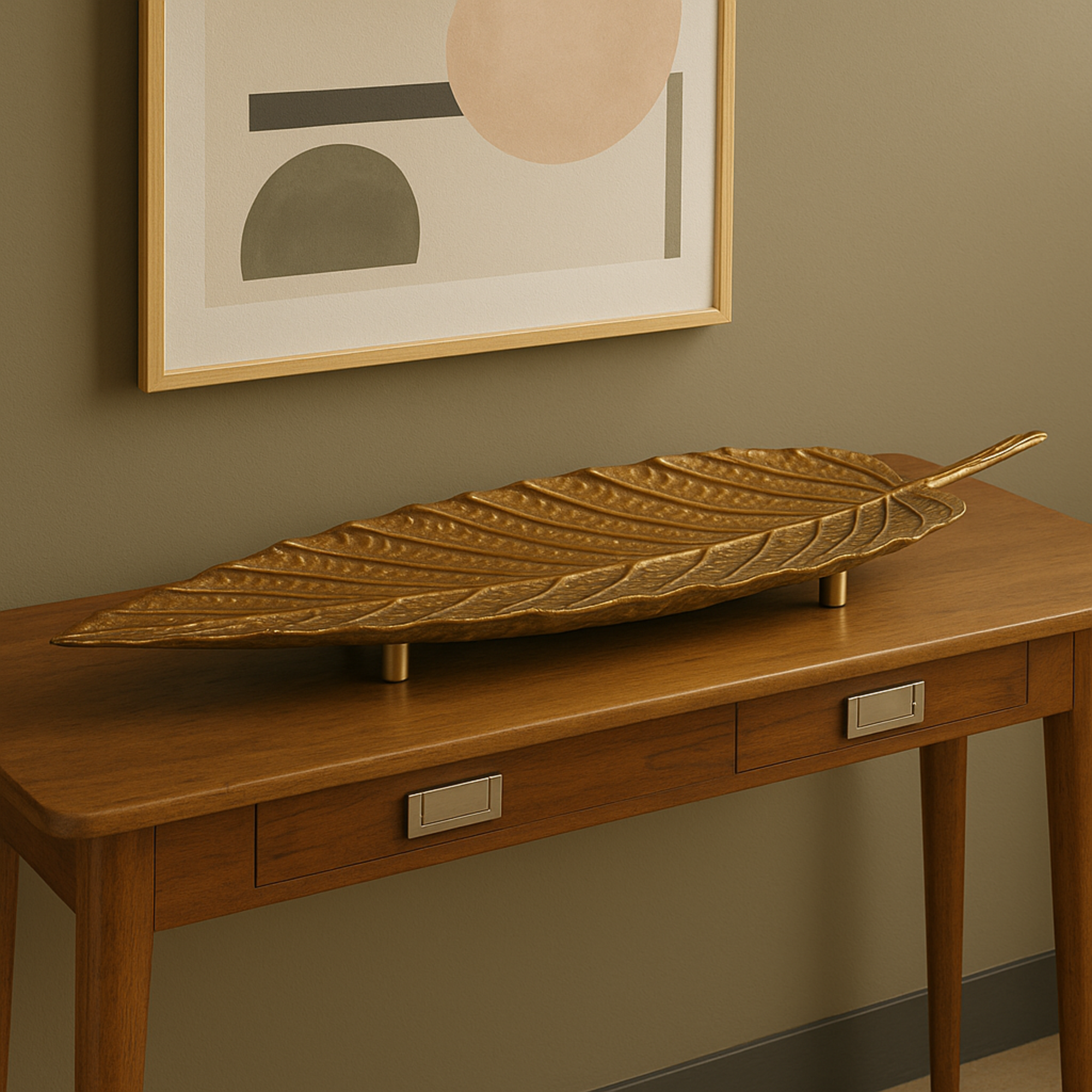 Set of 2 Leaf Copper Metal Textured Living Room Decor Tray with Patina Accents and Elevated Feet