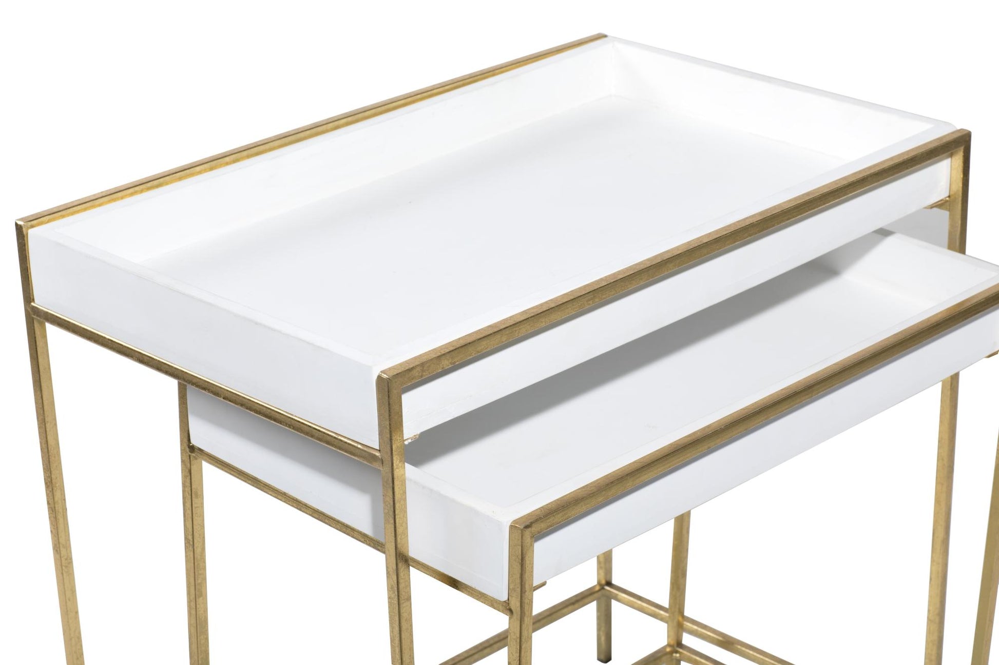 Set of 2 Geometric White Wooden Nesting Tray Top Side End Accent Table with Gold Metal Legs