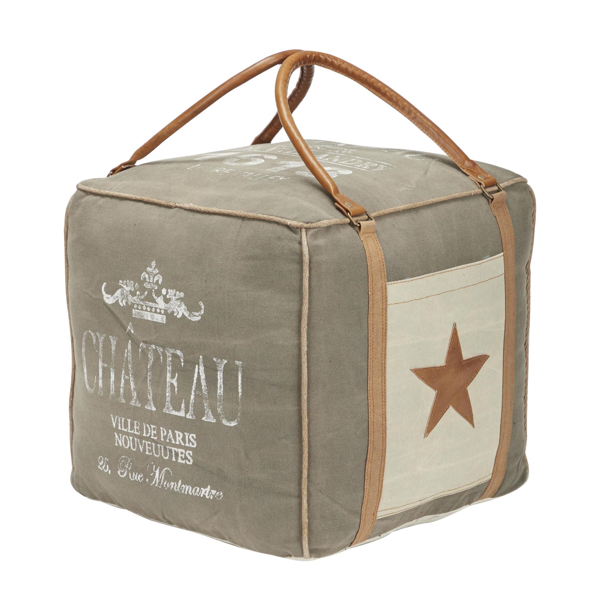 Scroll Canvas France Inspired Stuffed Pouf with Leather Star Pocket and Handles
