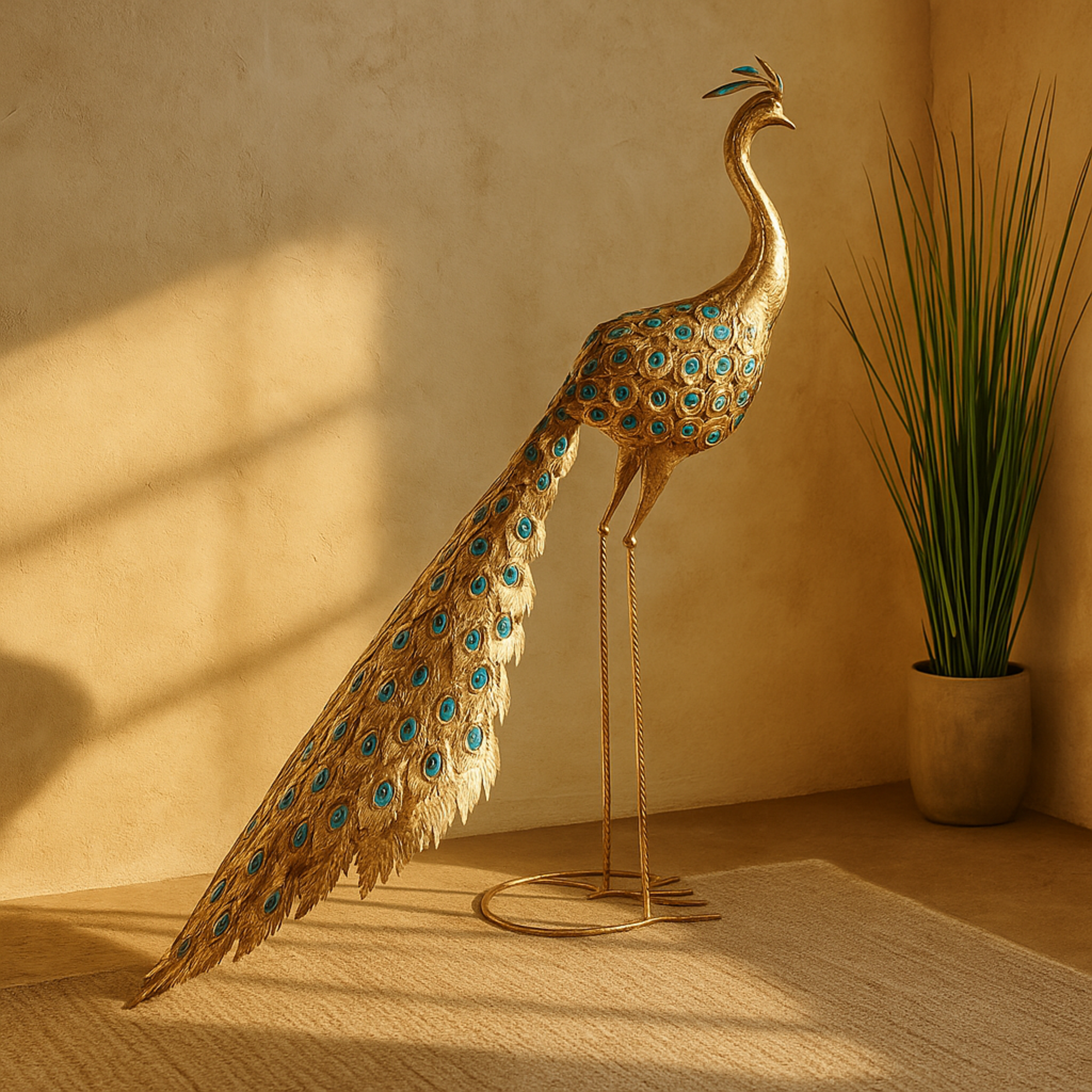 Peacock Brass Metal Decorative Garden Sculpture with Blue and Green Jewels