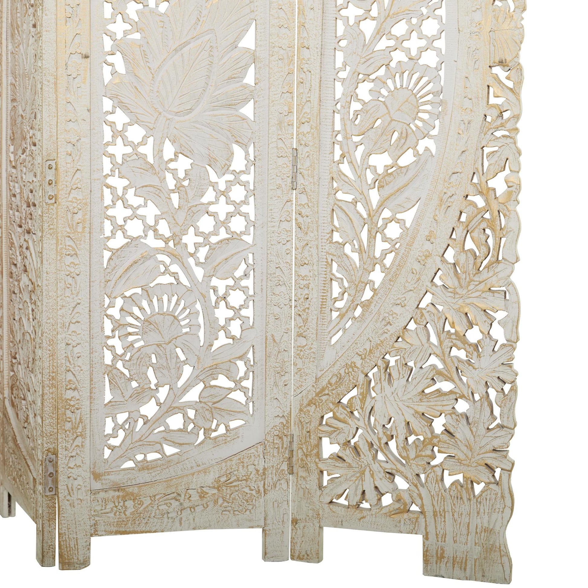 Floral White Wood Handmade Foldable Partition 4 Panel Partition Room Divider Screen with Carved Designs