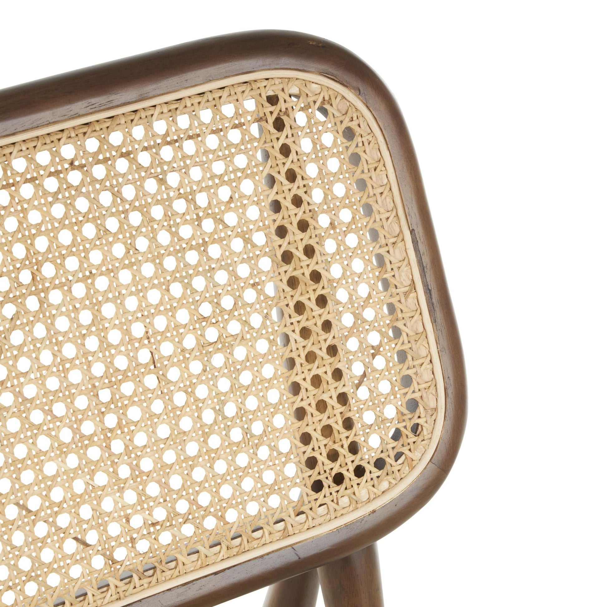 Dark Brown Wood Living Room Accent Chair with Cream Boucle Upholstery and Tan Rattan Backrest