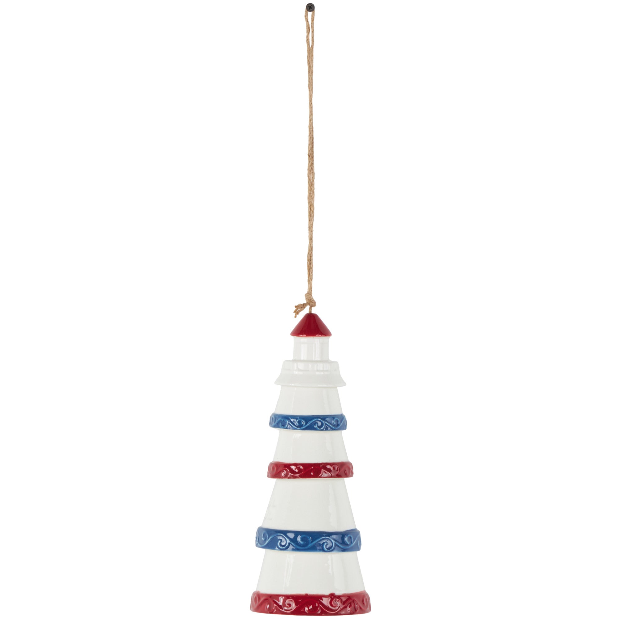 Light House White Ceramic Indoor Outdoor Windchime with Brown Rope and Blue and Red Accents