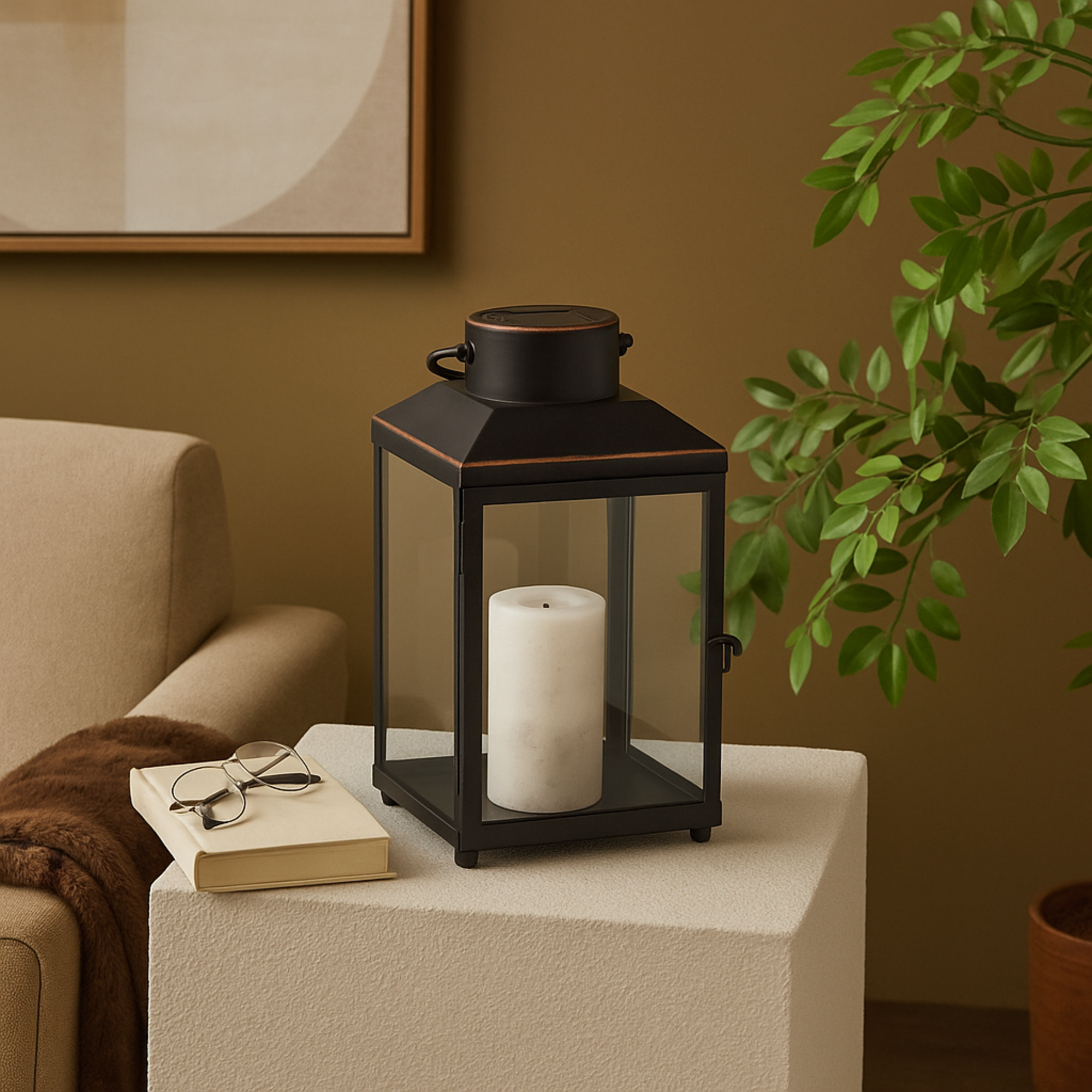 Black Metal Modern Indoor Outdoor Candle Lantern with Gold Accents