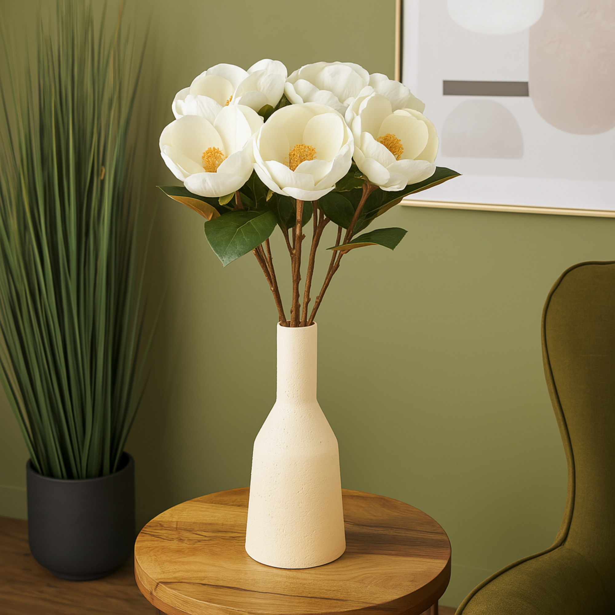 Set of 6 Magnolia White Plastic Tall Indoor Outdoor Artificial Flower Stem