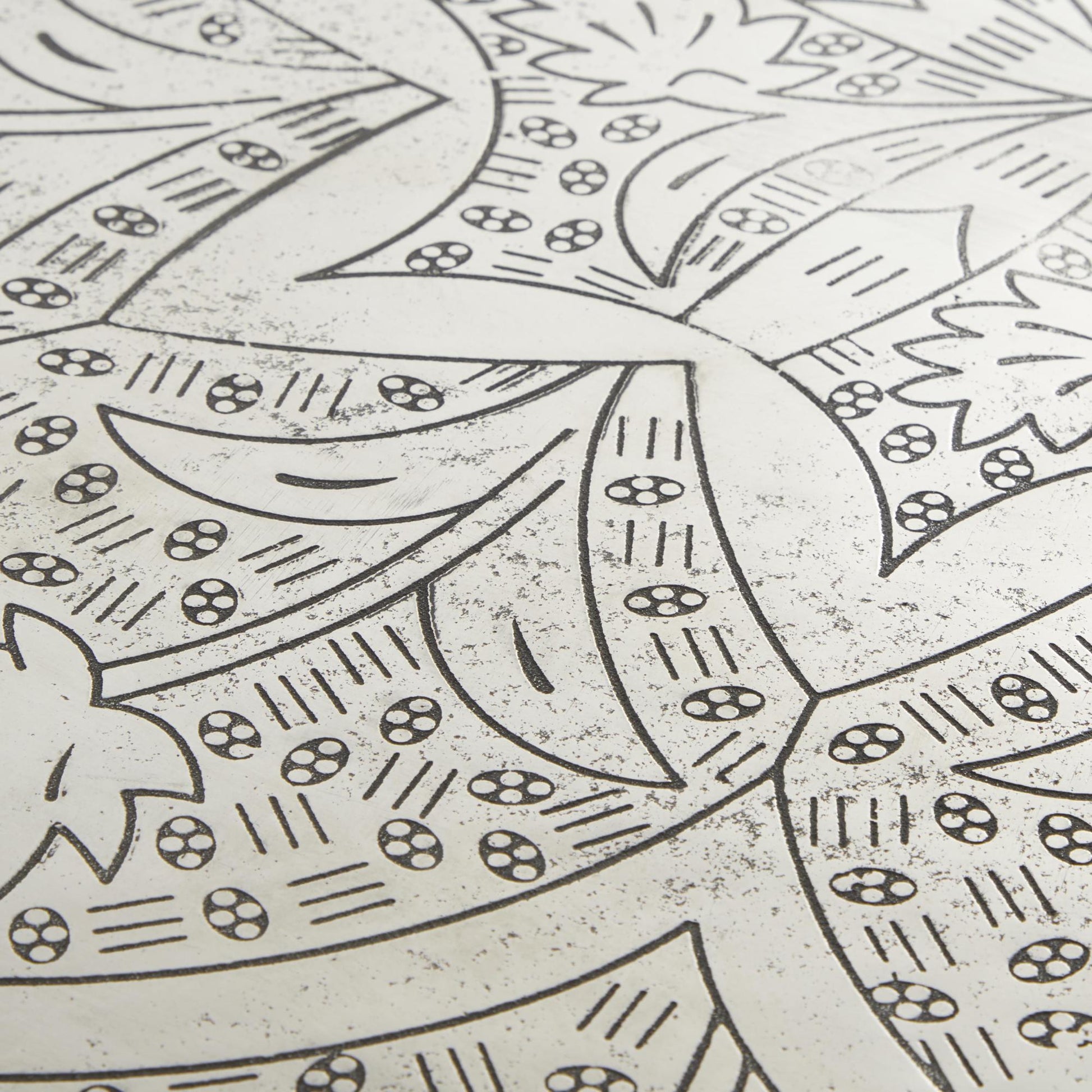 Floral Silver Aluminum Metal Engraved Living Room Coffee Table with Tripod Legs