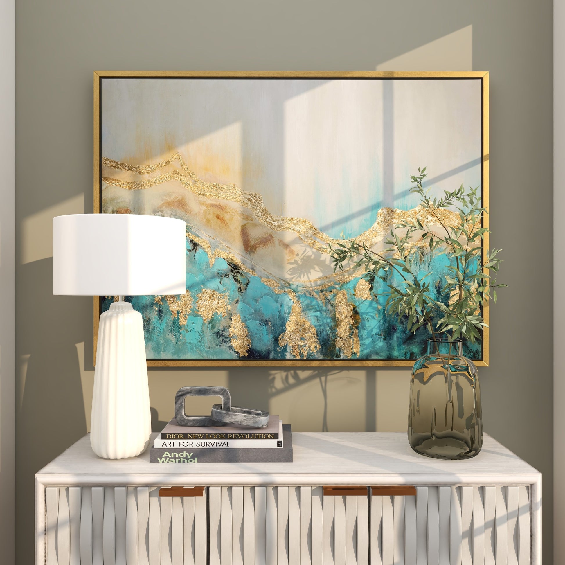 Abstract Blue Canvas Wave Living Room Framed Wall Art with Gold Foil Accents