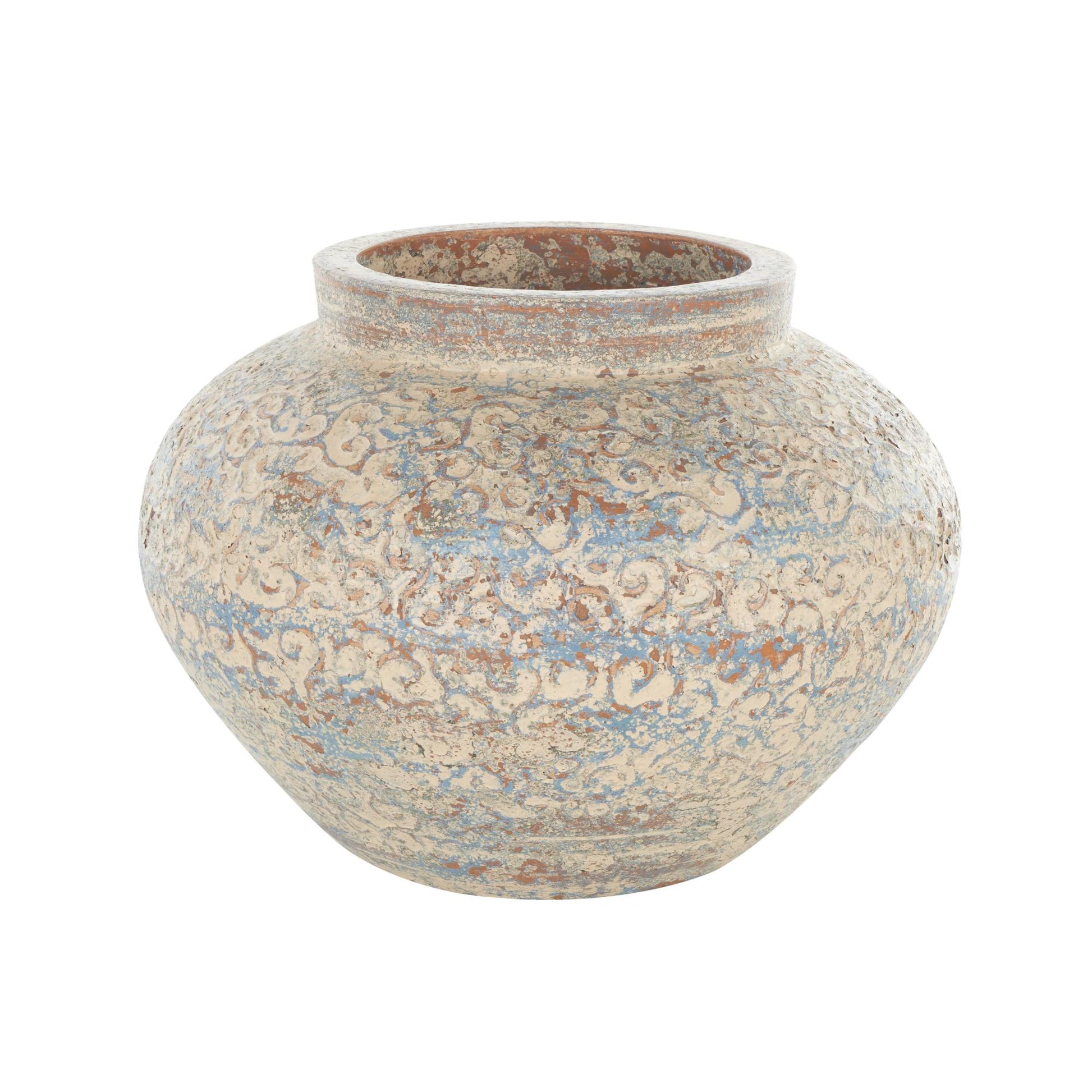 Scroll Beige Ceramic Handmade Antique Style Wide Rounded Decorative Vase with Blue and Copper Accents
