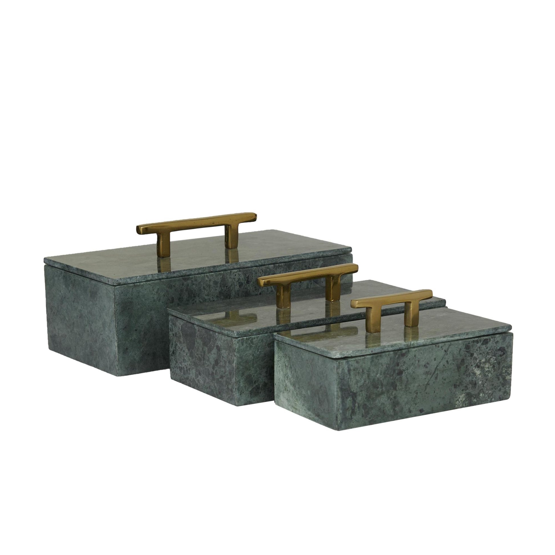 Set of 3 Marble Decorative Box with Aluminum Bar Handles Set of 3 12", 10", 8"W