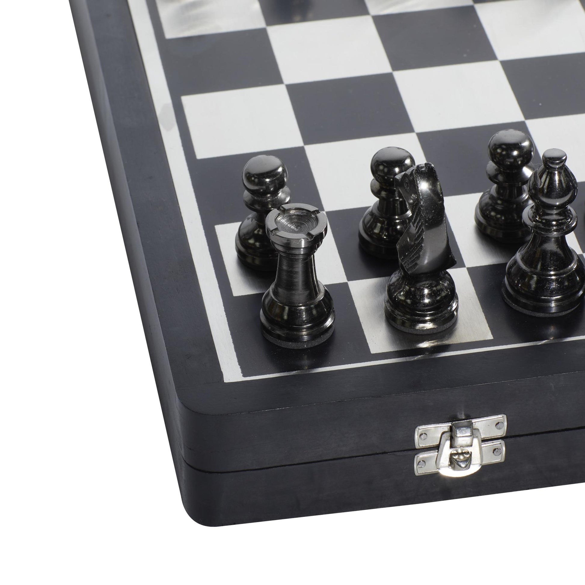 Chess Black Aluminum Metal Home Decor Game Set with Storage Compartment
