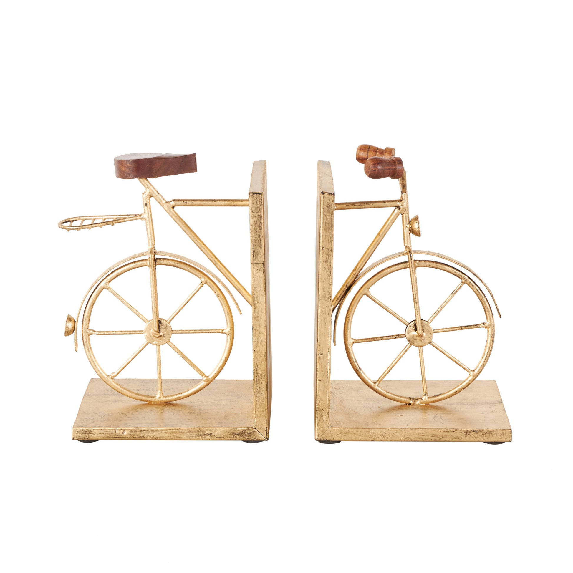 Set of 2 Bike Metal Vintage Inspired Decorative Bookends with Wood Accents Set of 2 7"W, 9"H