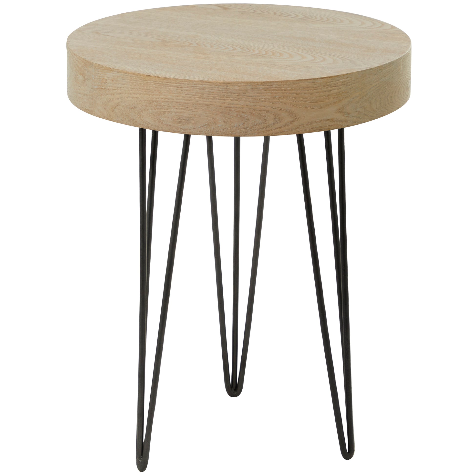 Brown Wooden Round Side End Accent Table with Black Metal Hairpin Legs