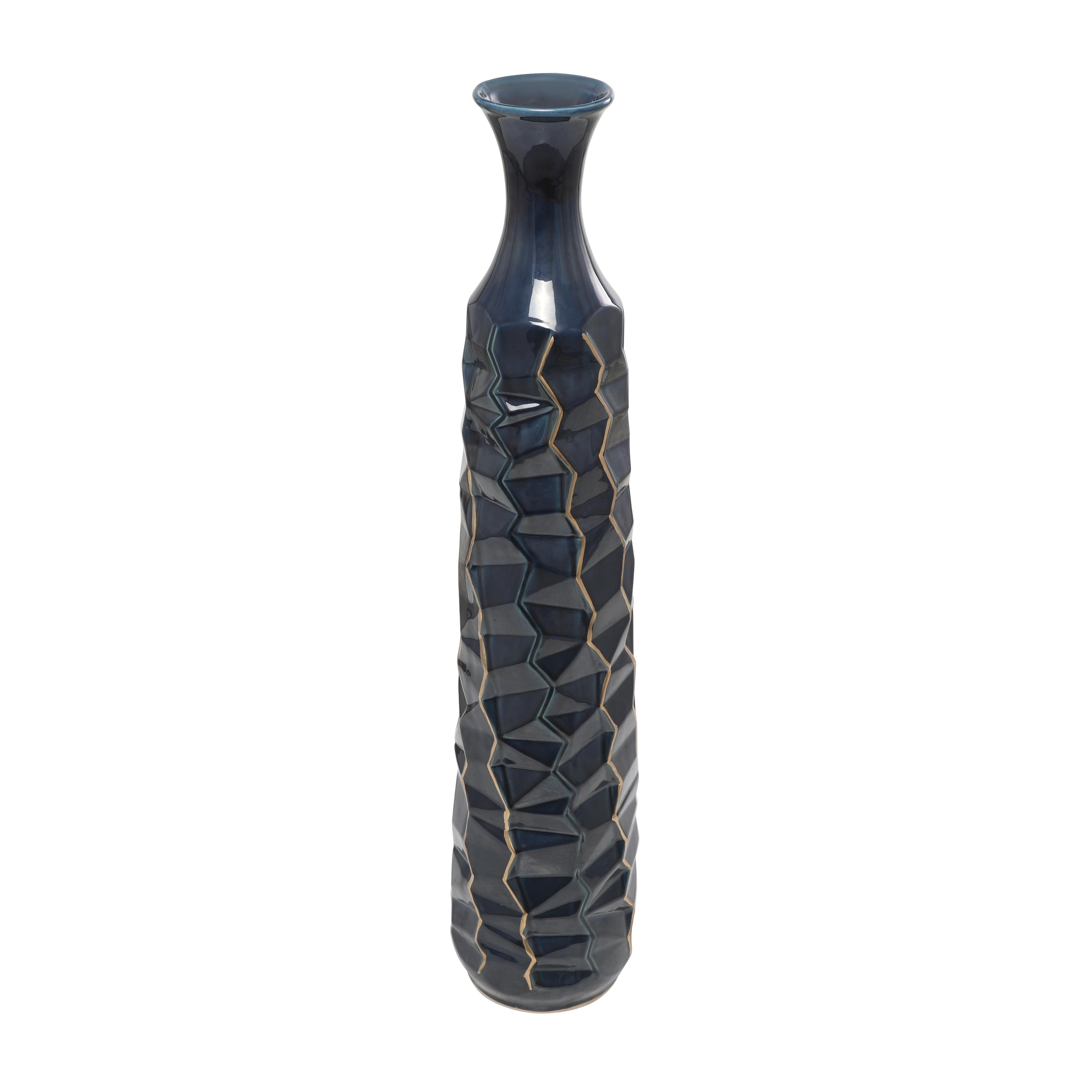 Teal Ceramic Geometric Floor Decorative Vase with Gold Accents