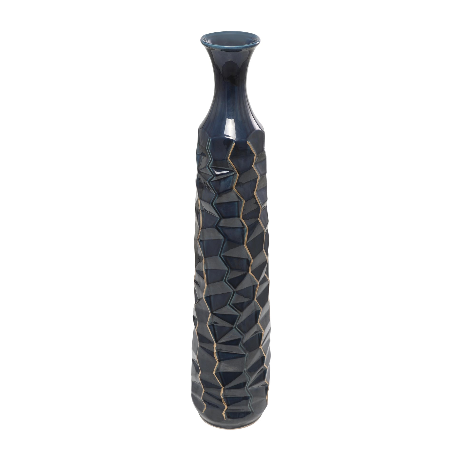 Teal Ceramic Geometric Floor Decorative Vase with Gold Accents