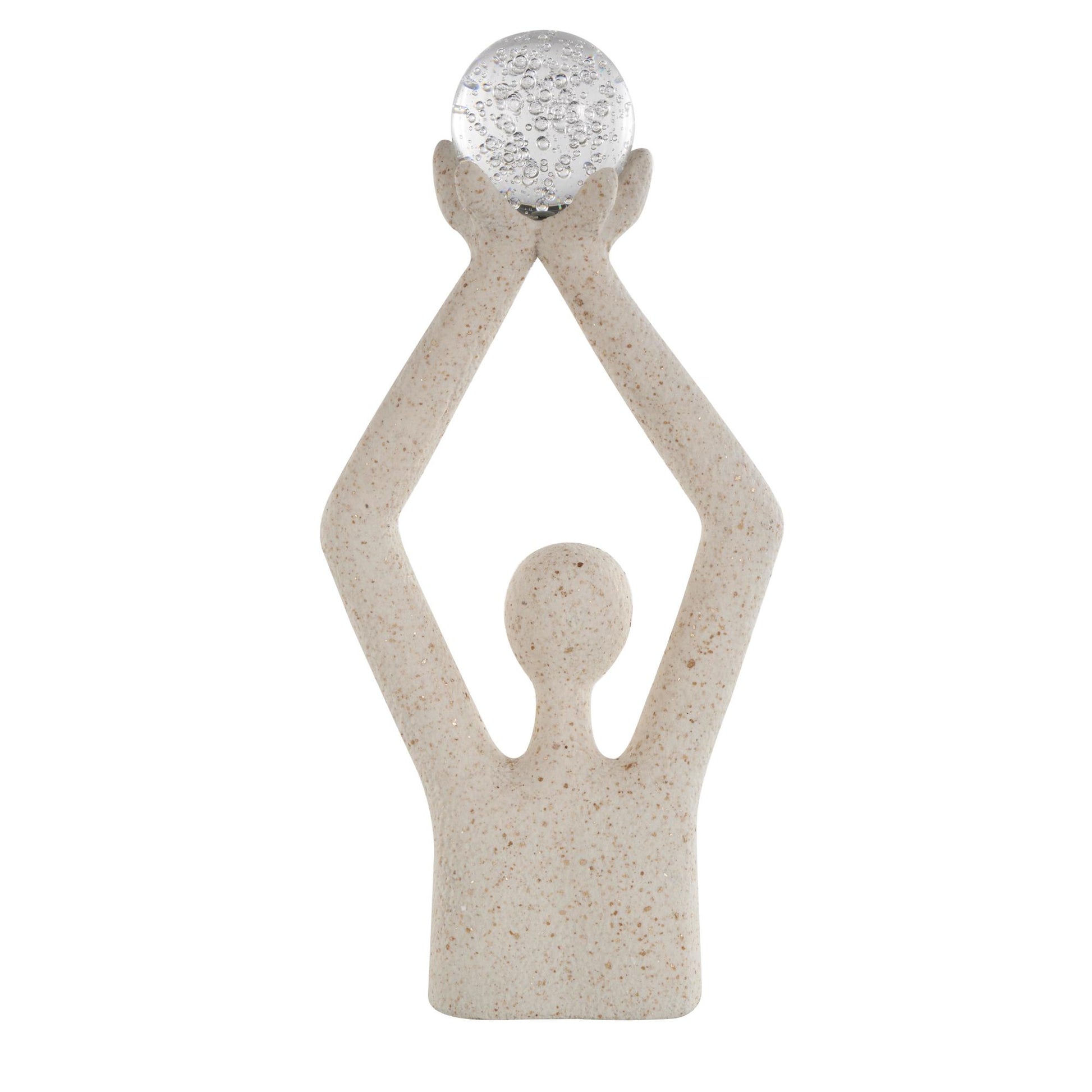 People Cream Polystone Abstract Textured Decorative Sculpture with Clear Glass Ball and Gold Speckles