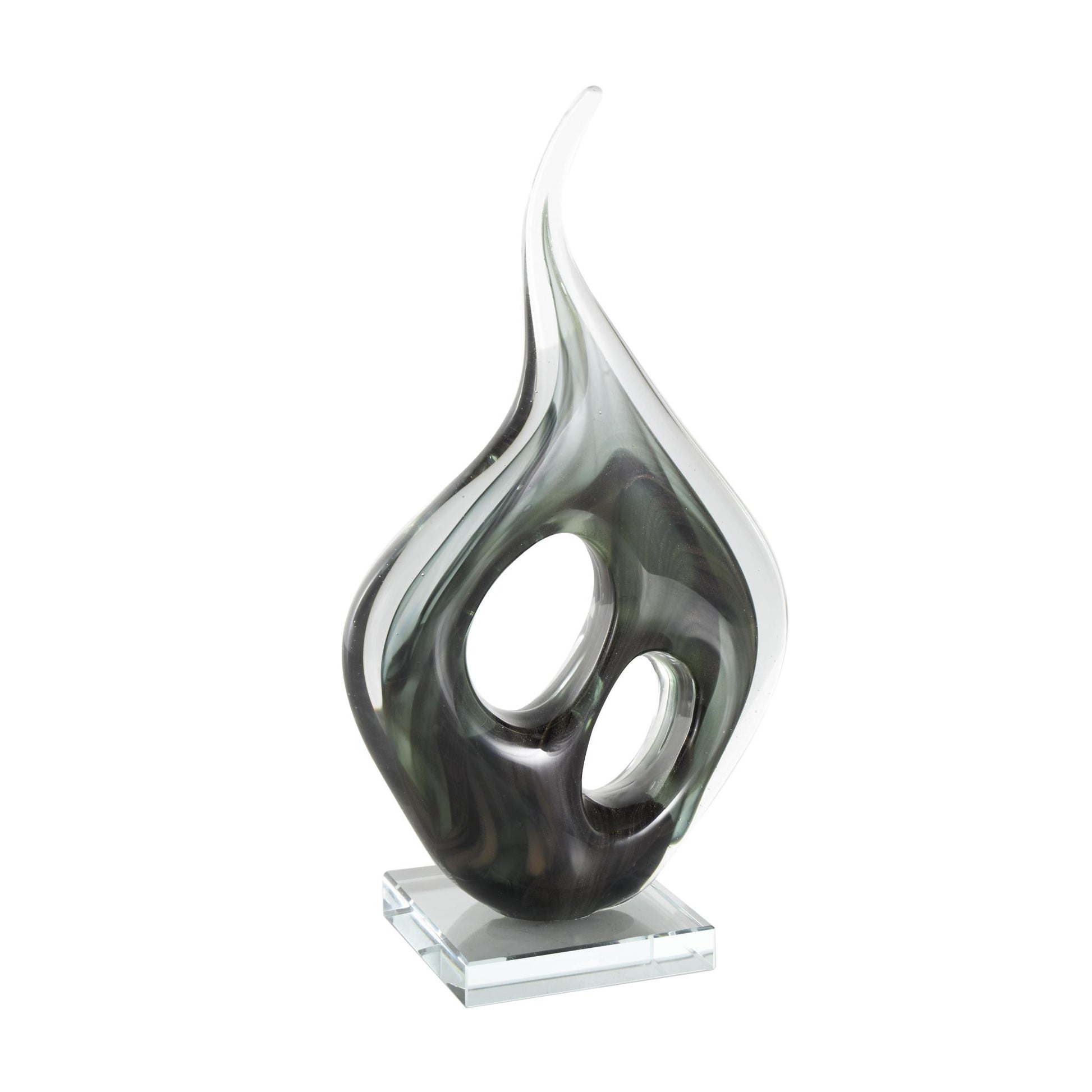 Abstract Green Glass Curved Cutout Decorative Sculpture with Swirl Patterns