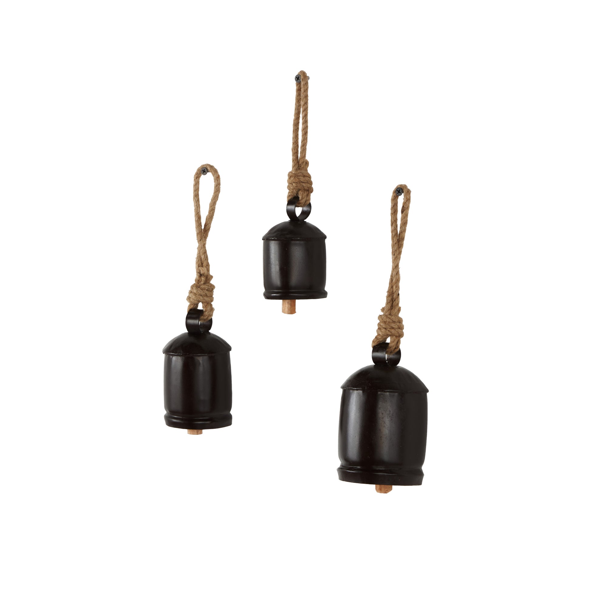 Set of 3 Metal Tibetan Inspired Indoor Outdoor Decorative Cow Bells with Jute Hanging Rope