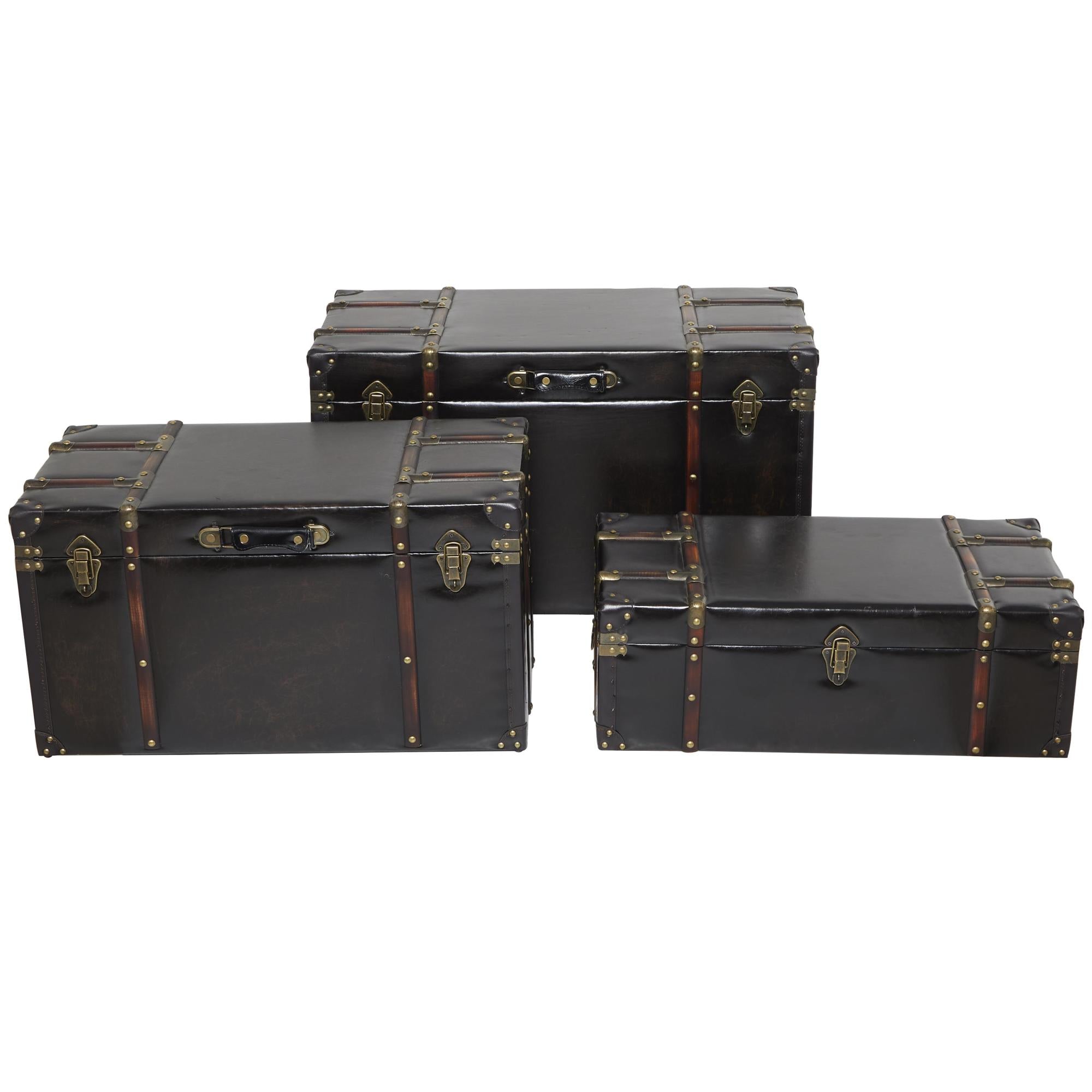 Set of 3 Dark Brown Faux Leather Studded Decorative Trunk with Latches and Handles