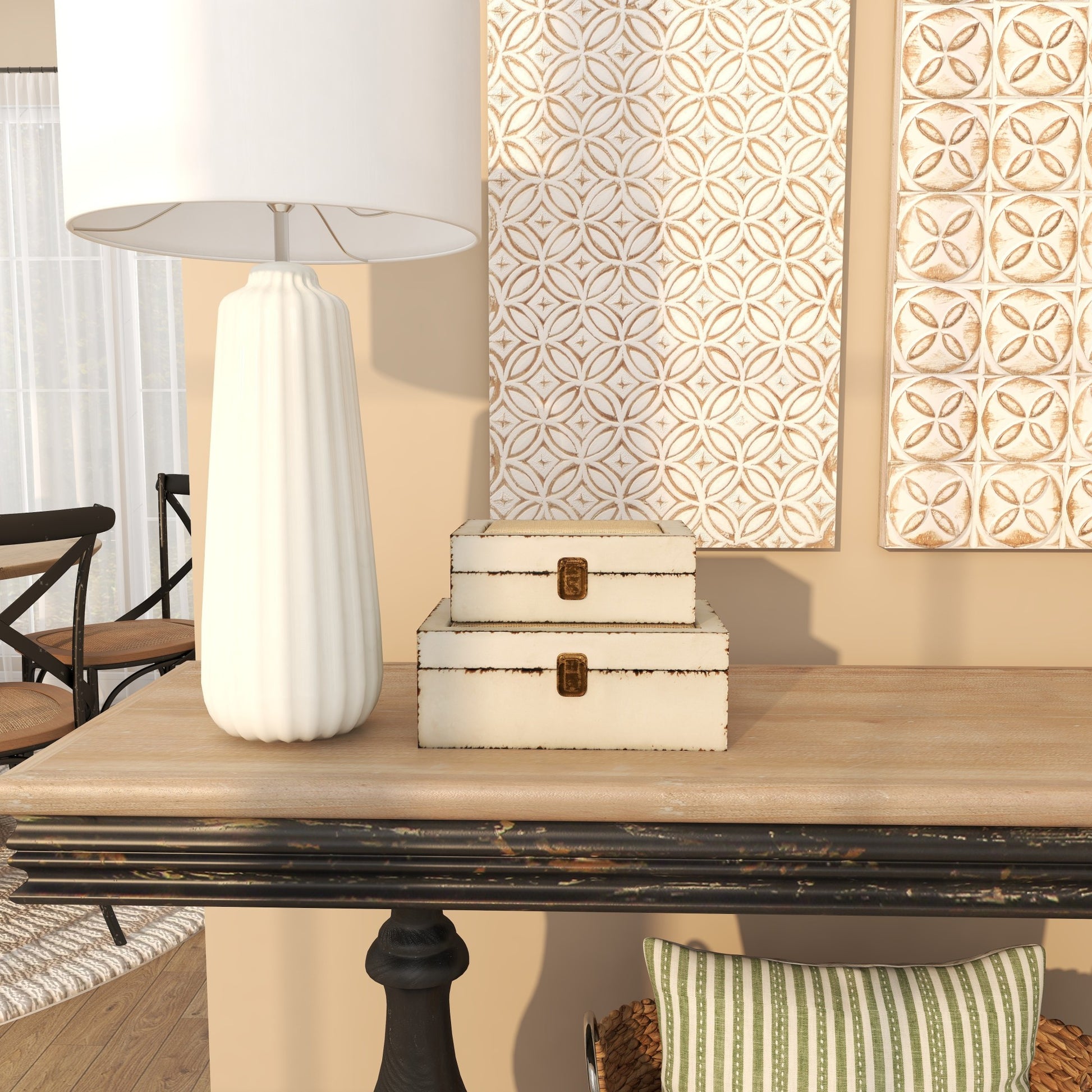 Set of 2 White Wooden Decorative Box with Hinged Lid