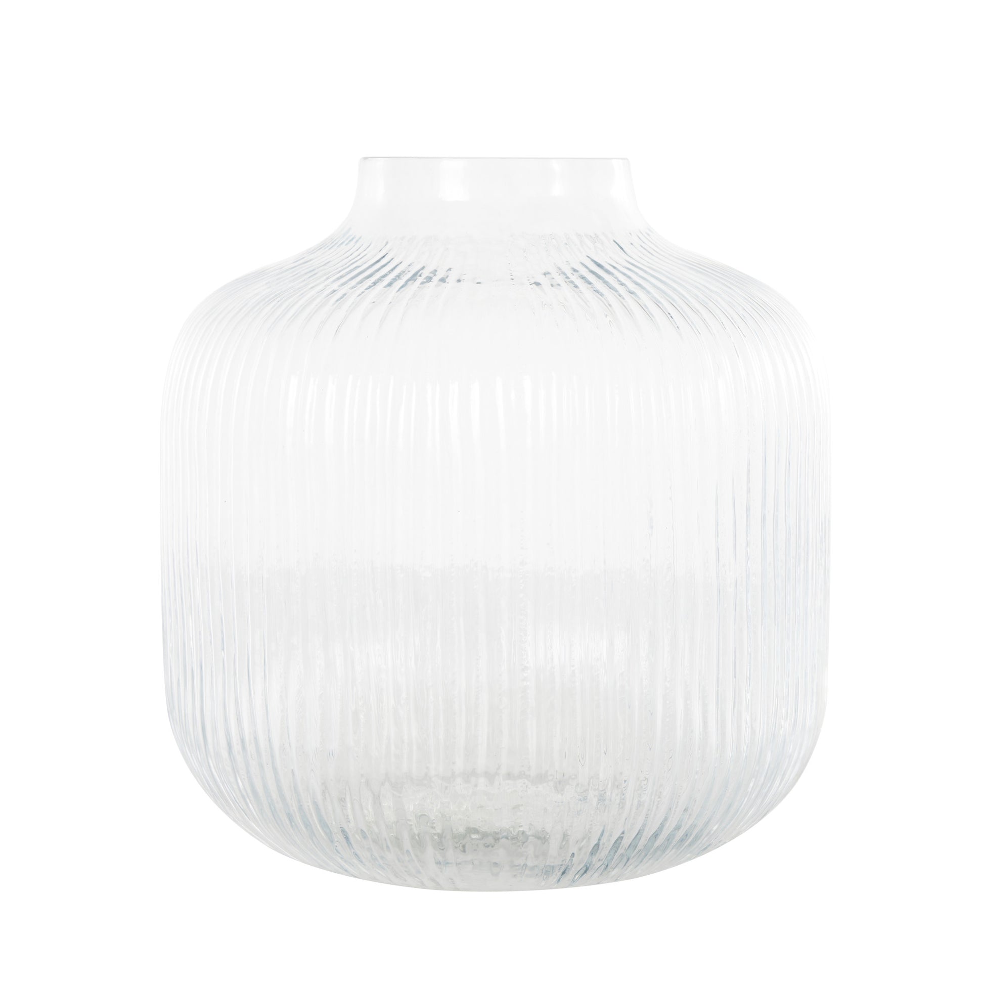 Clear Glass Short Round Ribbed Fluted Decorative Vase
