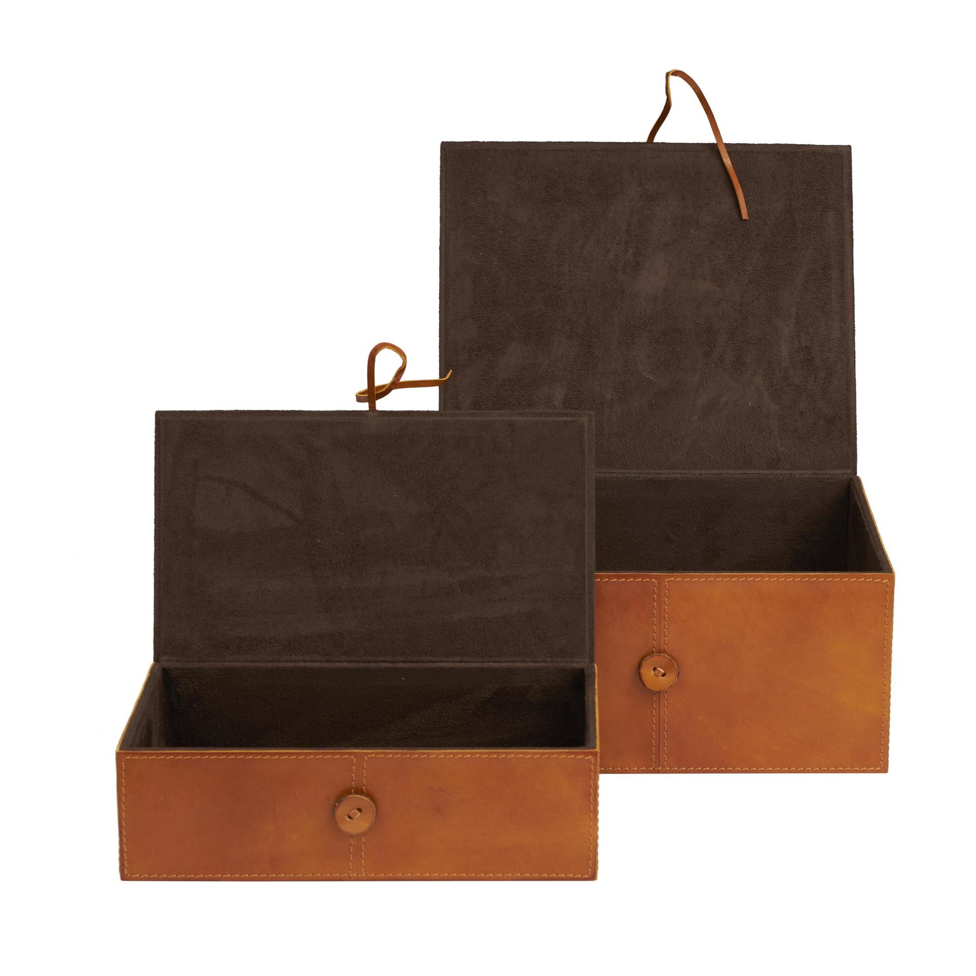 Set of 2 Leather Handmade Cowhide Storage Decorative Box with Leather Loop Closure and Stitching Detail
