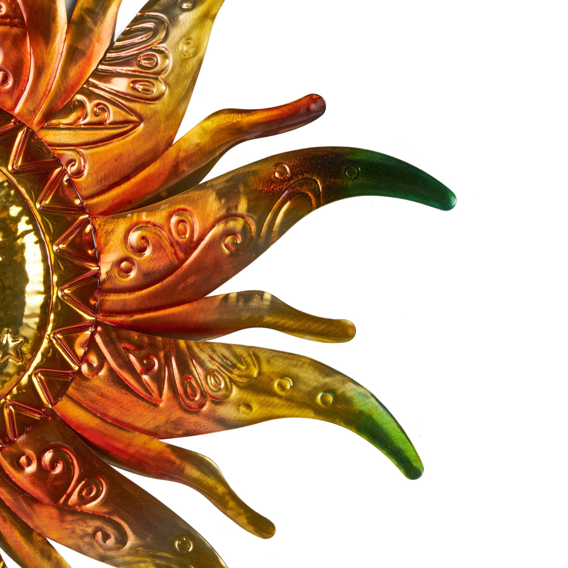 Sun Gold Stainless Steel Metal Face Home Wall Decor with Red, Green, and Orange Accents