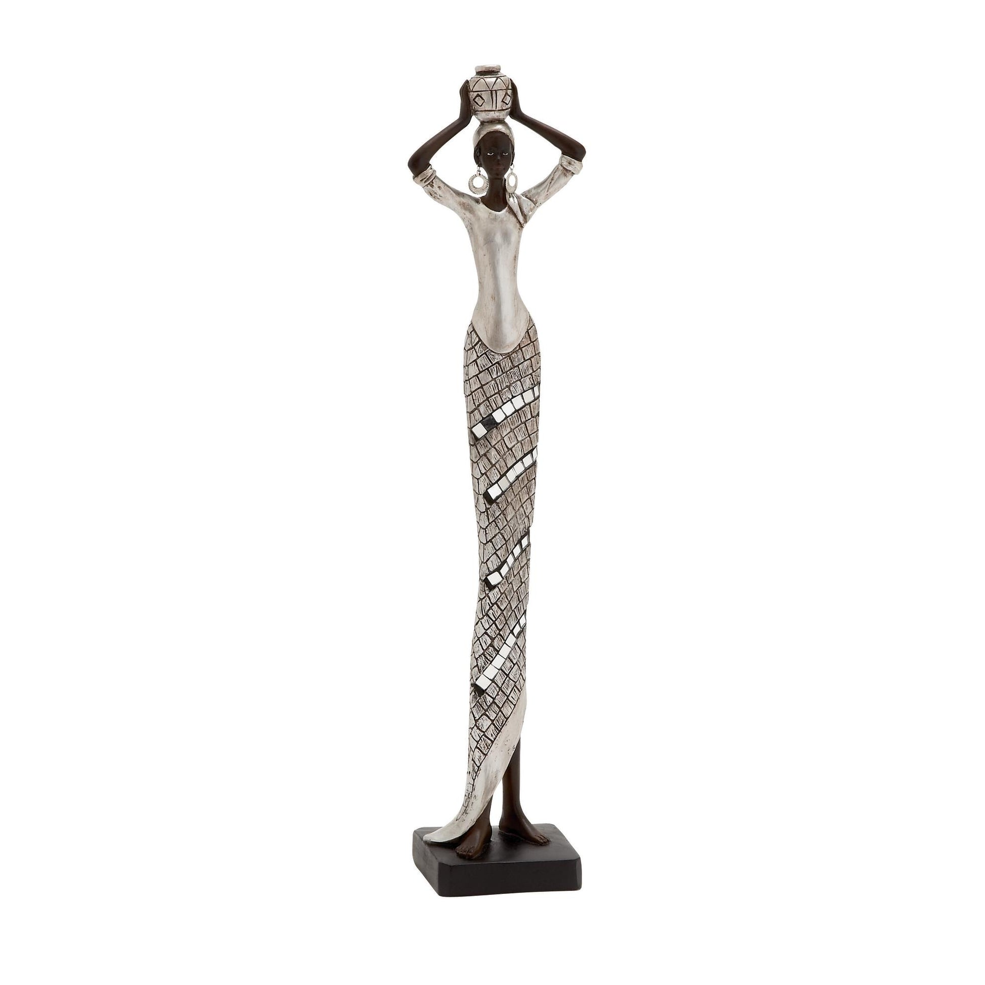 Woman Silver Polystone Standing African Decorative Sculpture with Mosaic Details