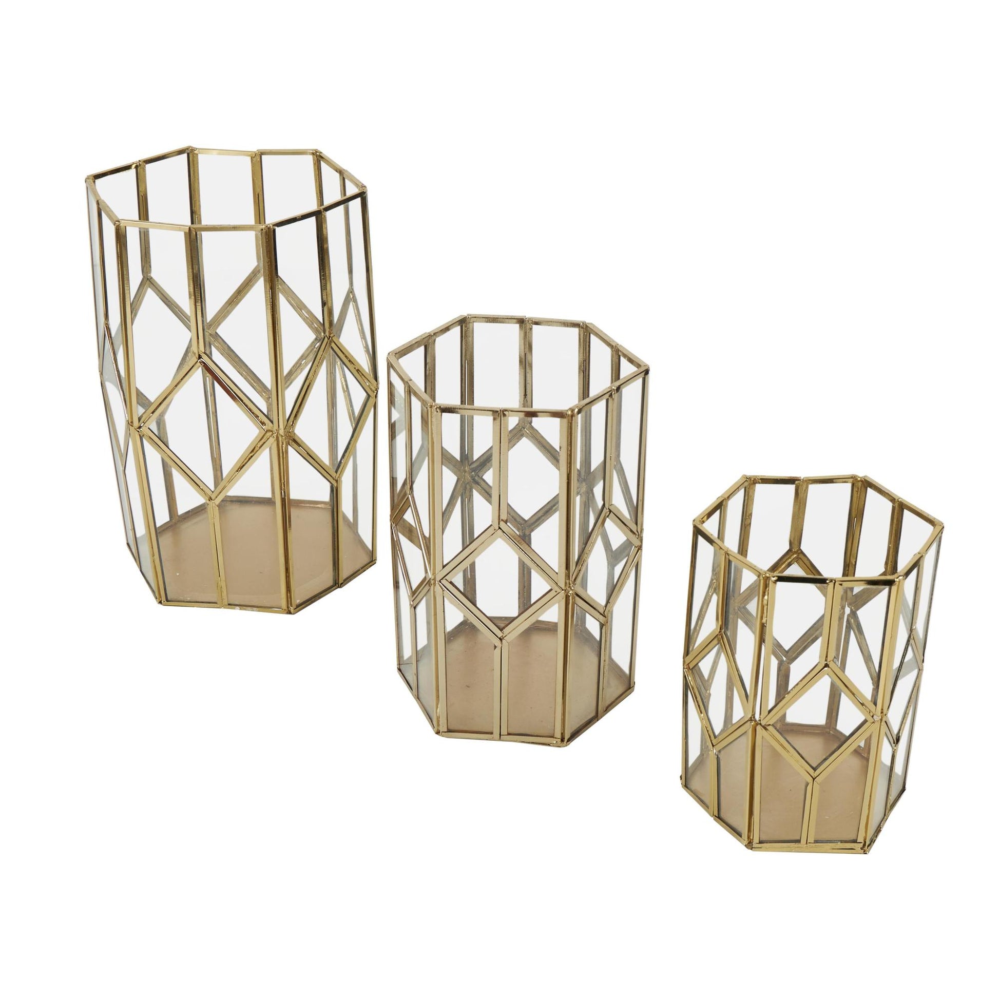 CosmoLiving by Cosmopolitan Set of 3 Geometric Gold Metal Diamond Patterned Hexagon Indoor Outdoor Candle Lantern with Clear Glass