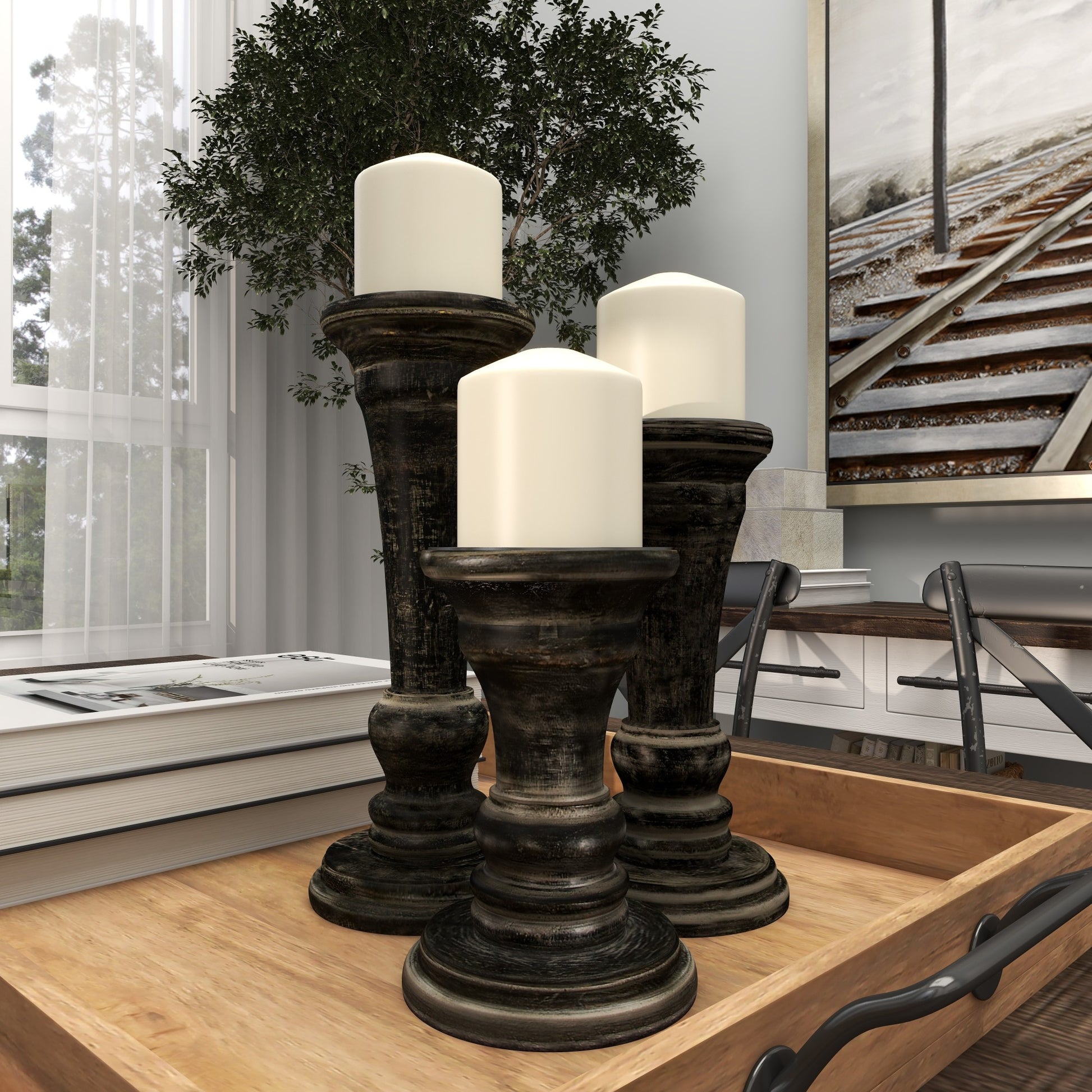 Set of 3 Black Mango Wood Whitewashed Turned Decorative Candle Holder
