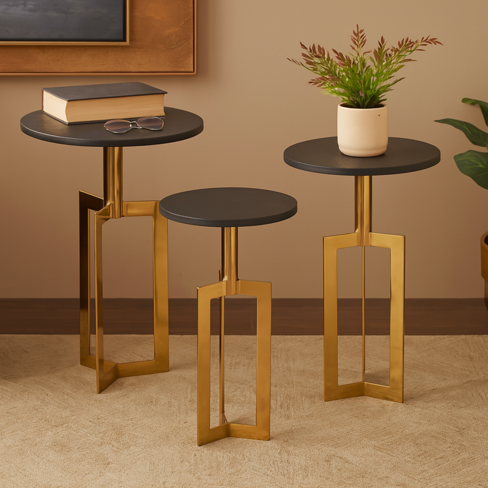 Set of 3 Geometric Aluminum Metal Side End Accent Table with Black Marble Tabletops Set of 3 24", 23", 21"H