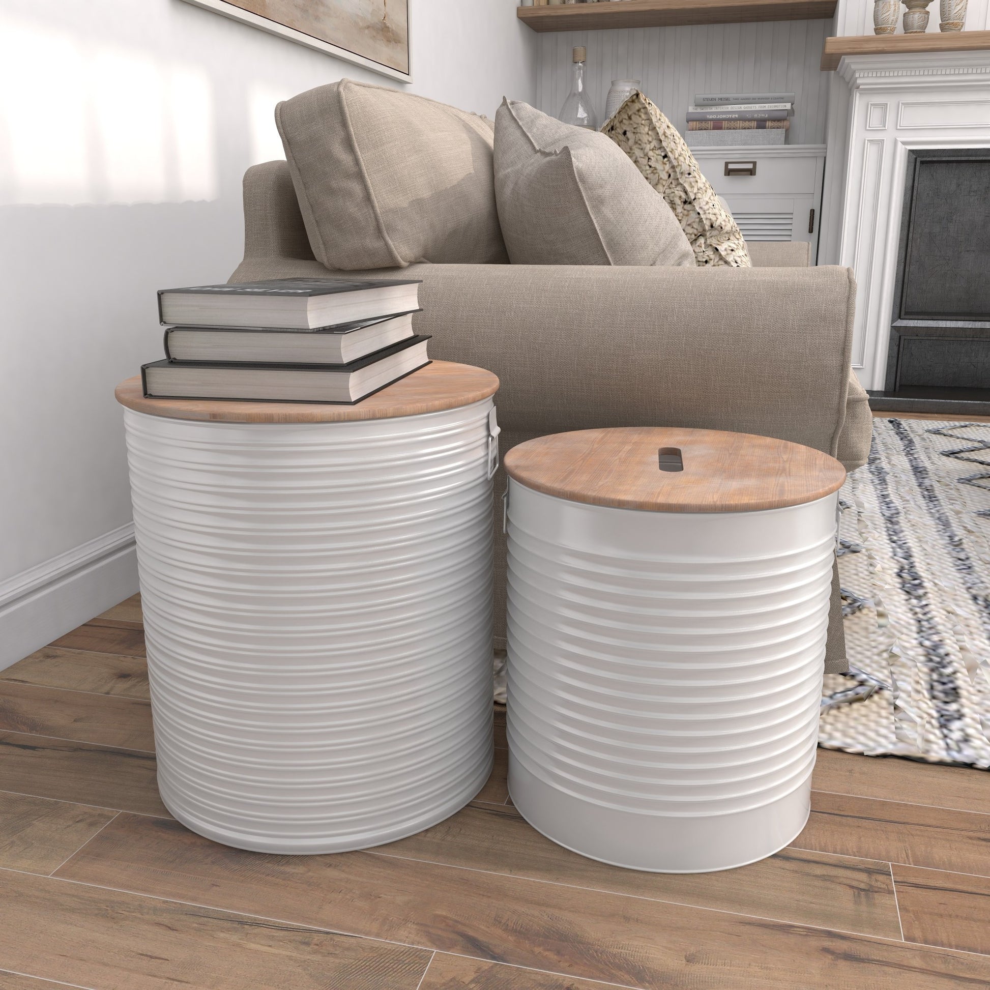 Set of 2 White Metal Room Storage Stool with Brown Wood Top
