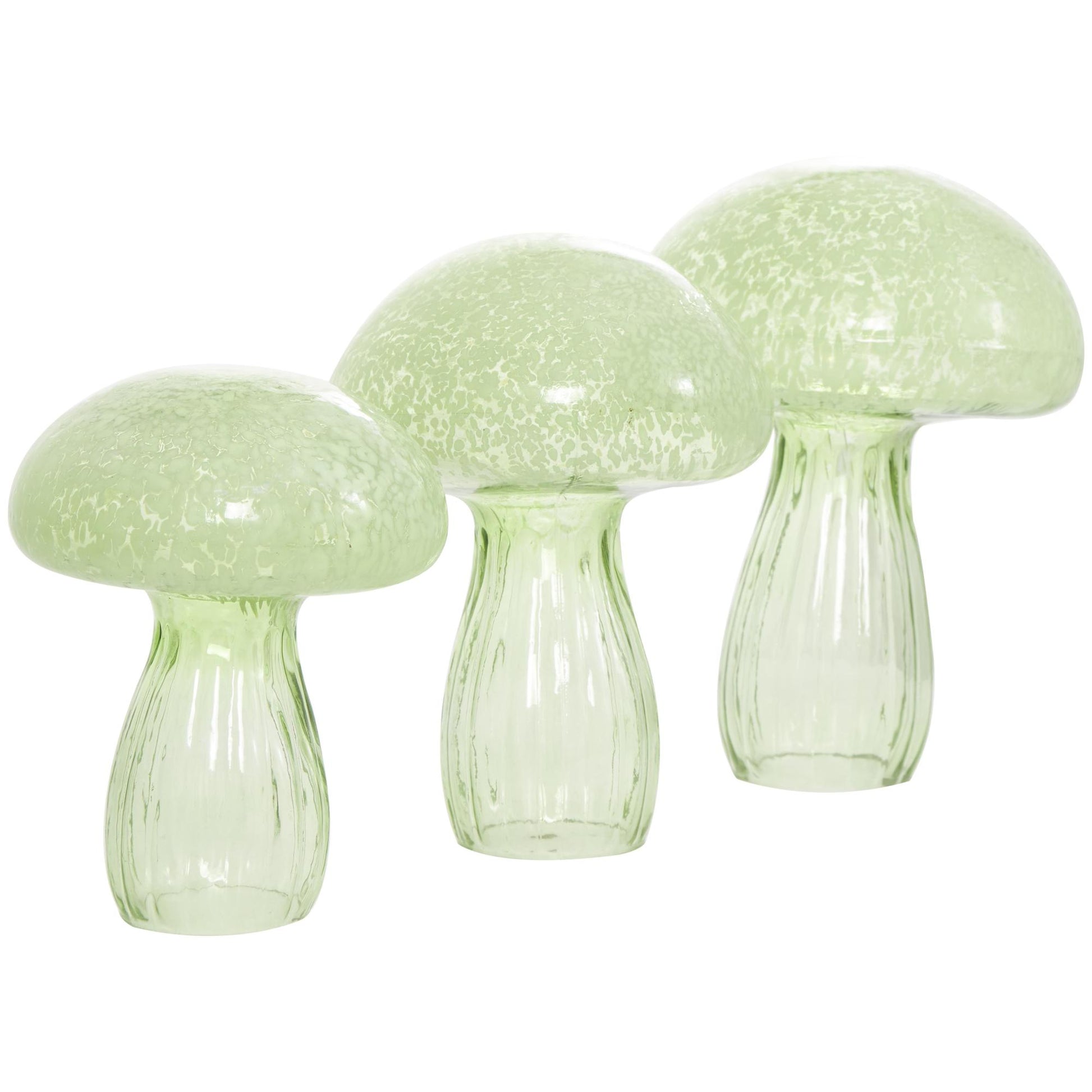 Set of 3 Mushroom Green Glass Textured Decorative Sculpture