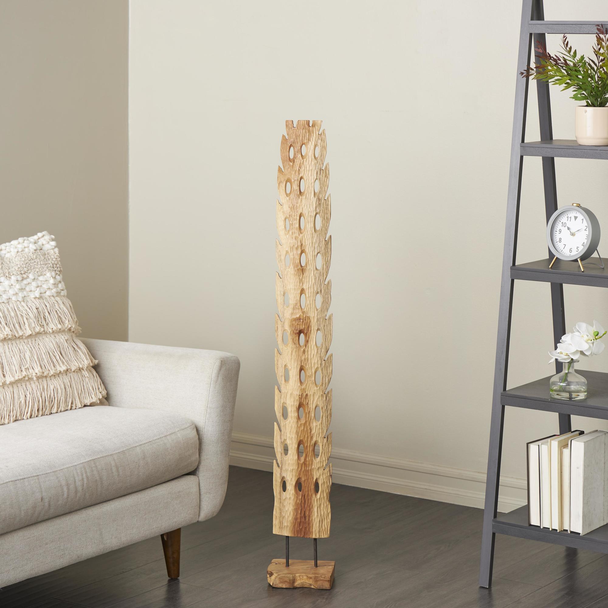 Abstract Brown Teak Wood Handmade Tall Floor Cutout Post Decorative Sculpture with Live Edge Base
