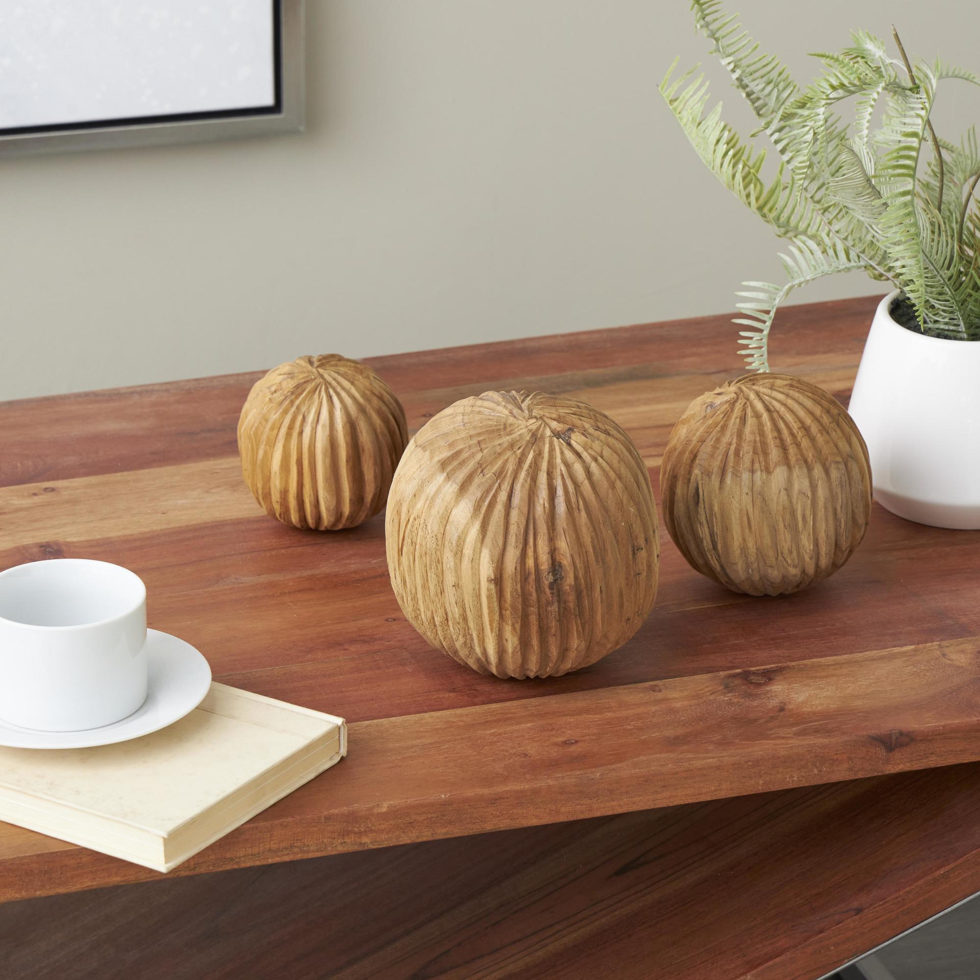 Set of 3 Teak Wood Handmade Carved Textured Decorative Orbs & Vase Filler with Wavy Ridges