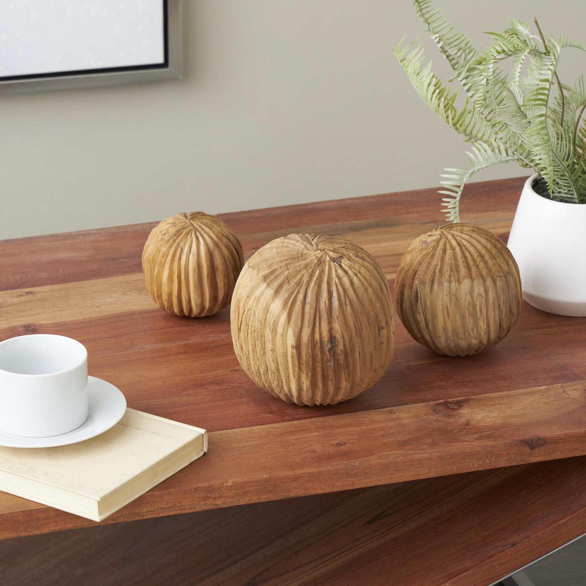 Set of 3 Teak Wood Handmade Carved Textured Decorative Orbs & Vase Filler with Wavy Ridges