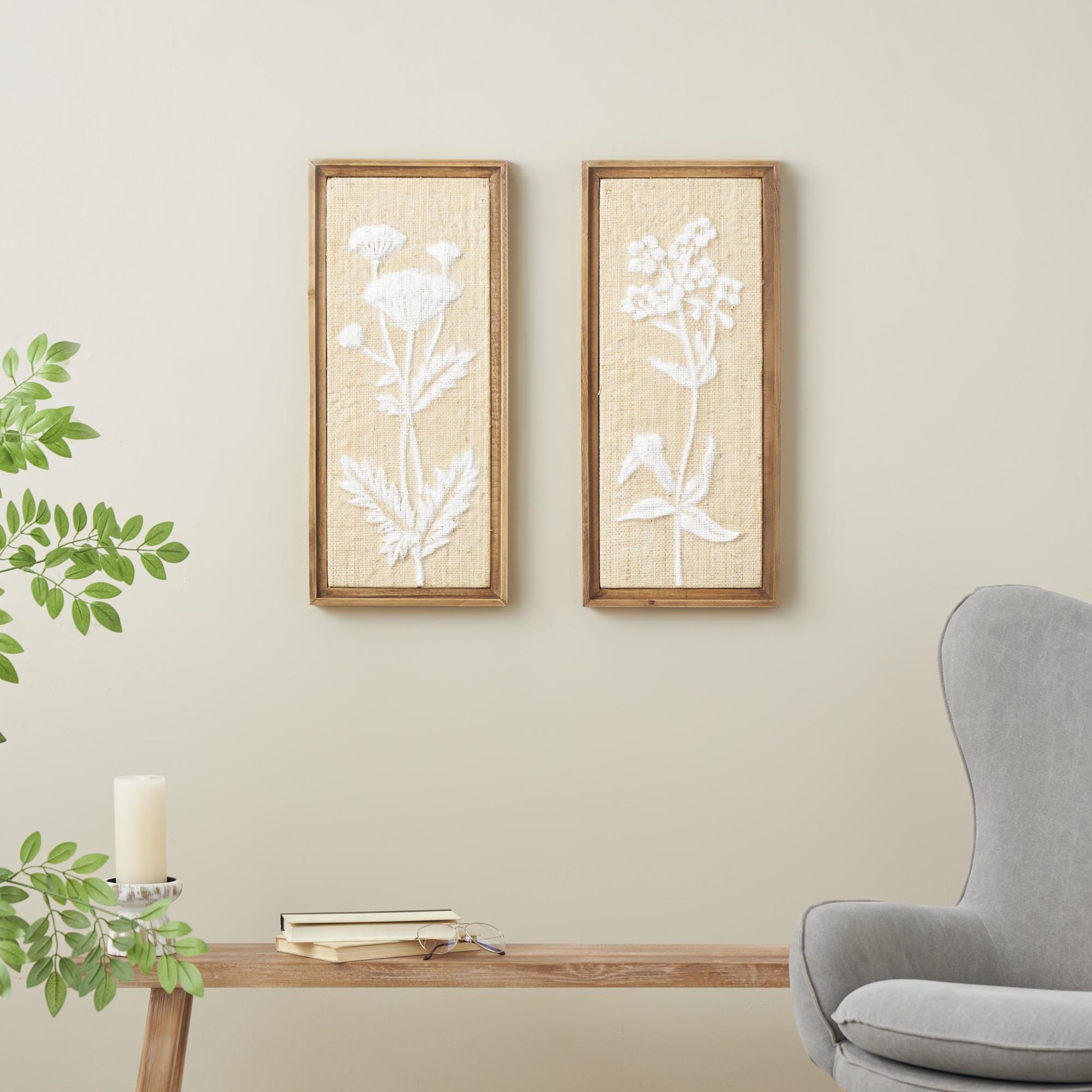 Set of 2 Floral Cream Wood Textured Living Room Framed Wall Art with White Painted Accents