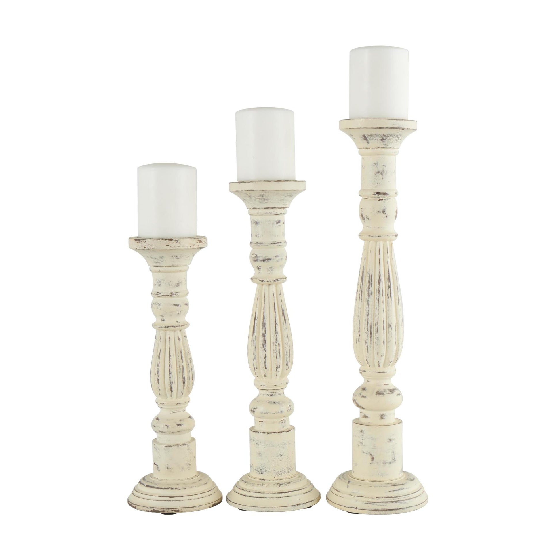 Set of 3 White Mango Wood Tall Distressed Turned Decorative Candle Holder