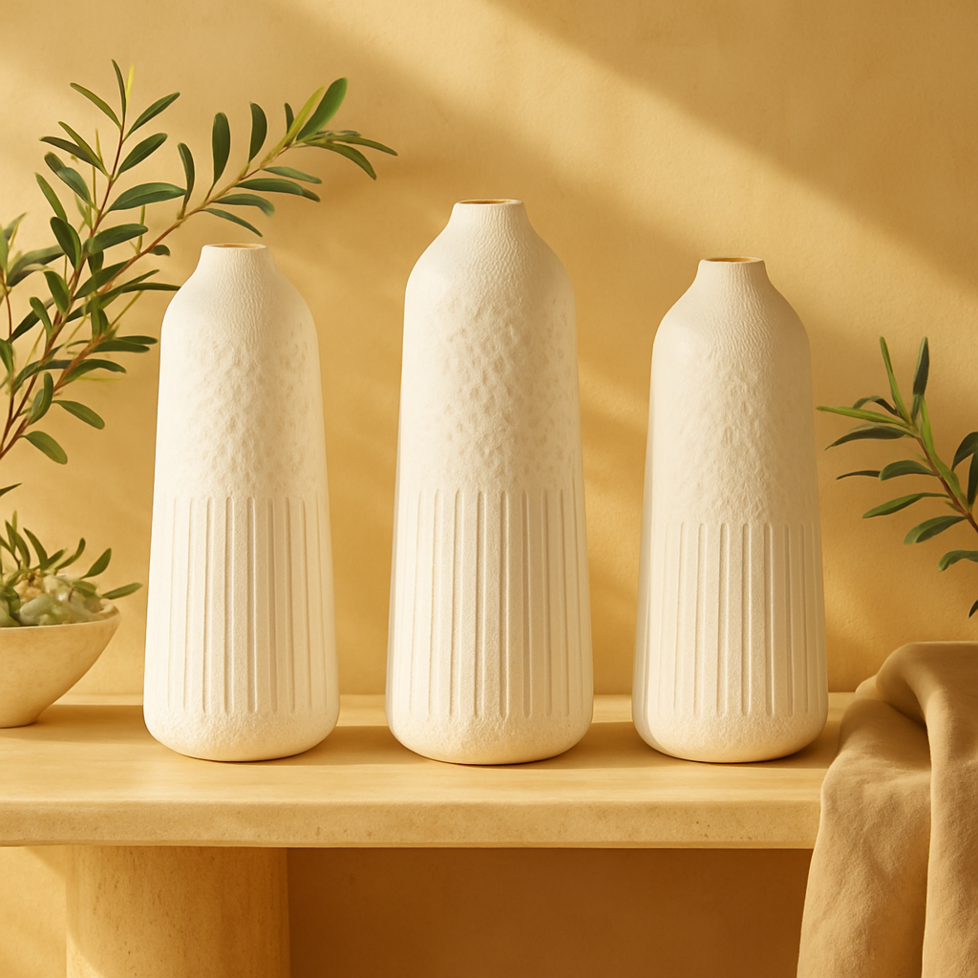 Set of 3 White Metal Textured Decorative Vase with Honeycomb Pattern