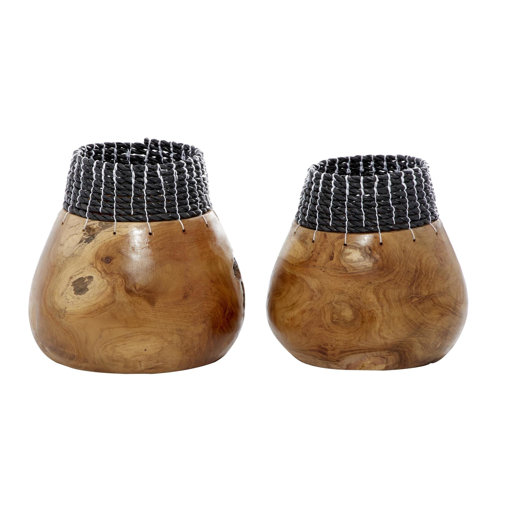 Set of 2 Wood Handmade Decorative Vase with Black Seagrass Accents