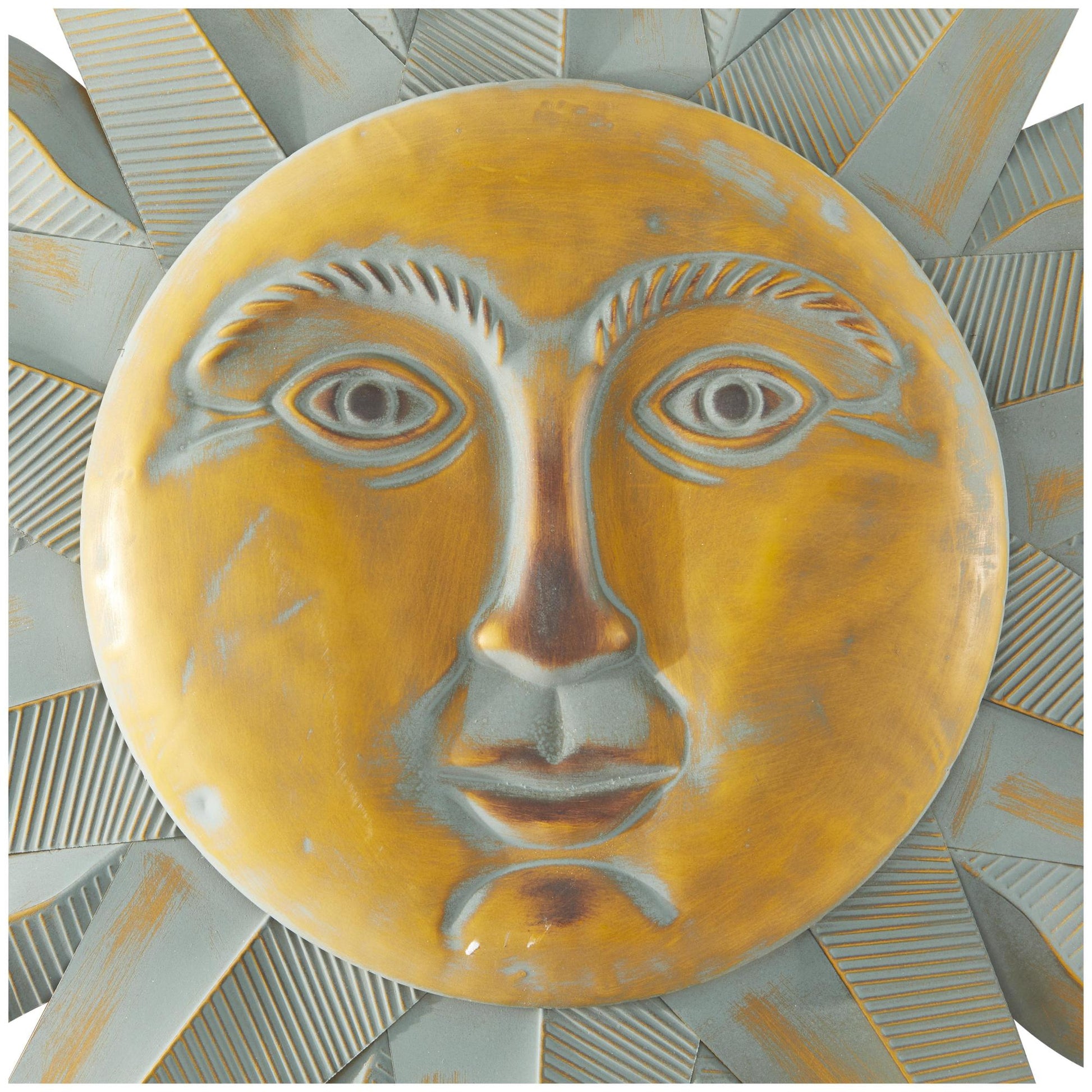 Sun Green Metal Indoor Outdoor Face Home Wall Decor with Grooves and Gold Accents