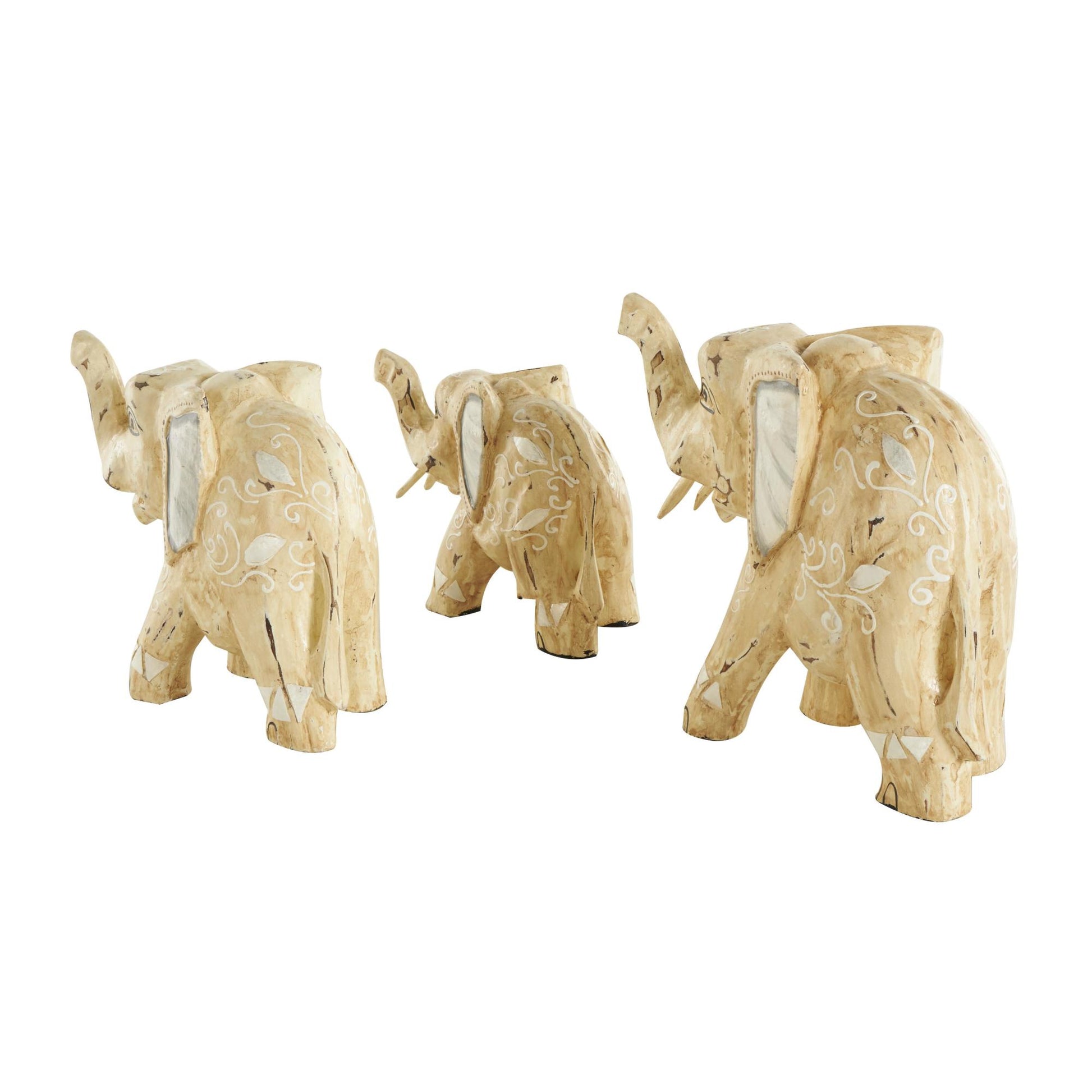Set of 3 Elephant Light Brown Wood Handmade Decorative Sculpture with Scroll and Floral Patterns