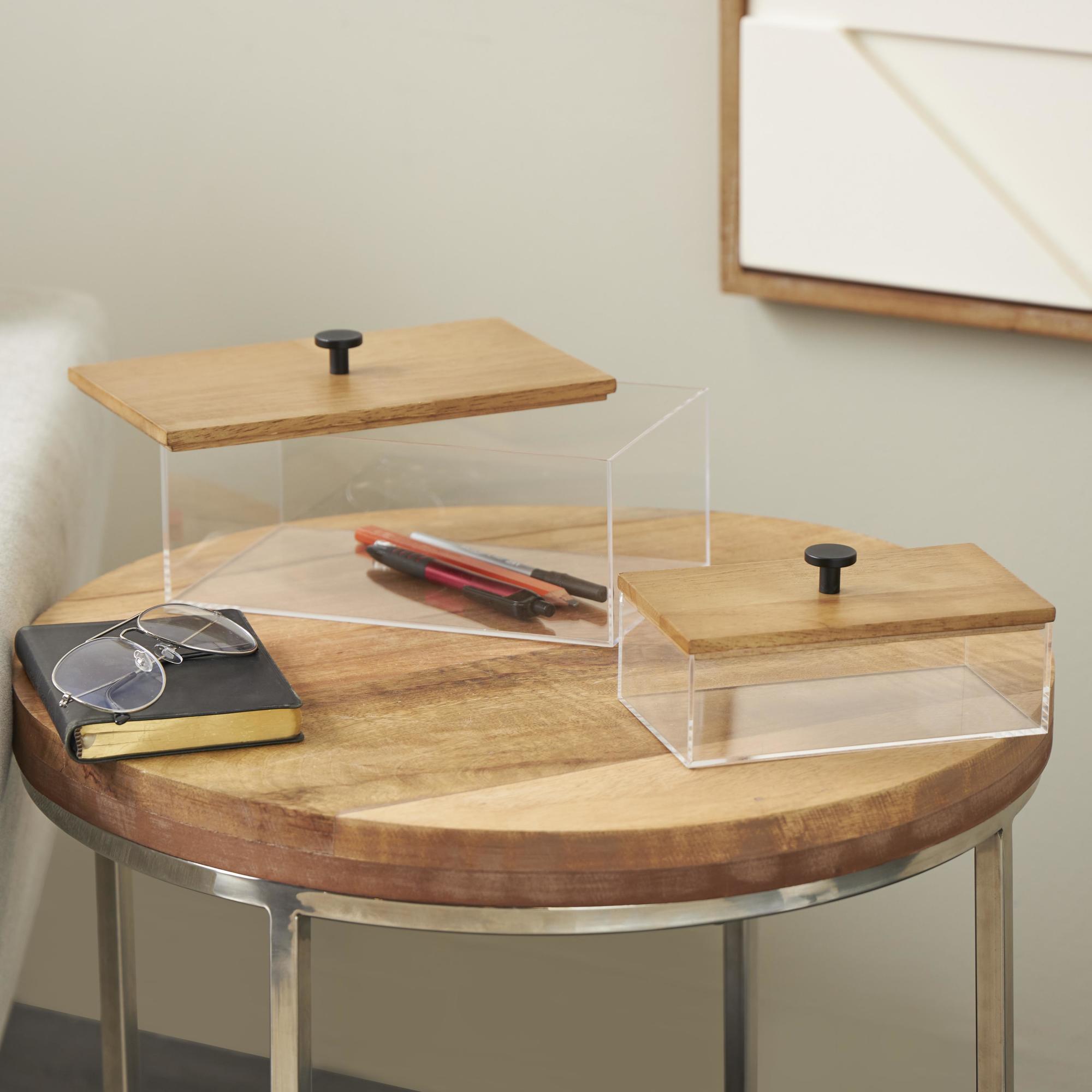 Set of 2 Clear Acrylic Plastic Decorative Box with Brown Wooden Lids and Black Knobs