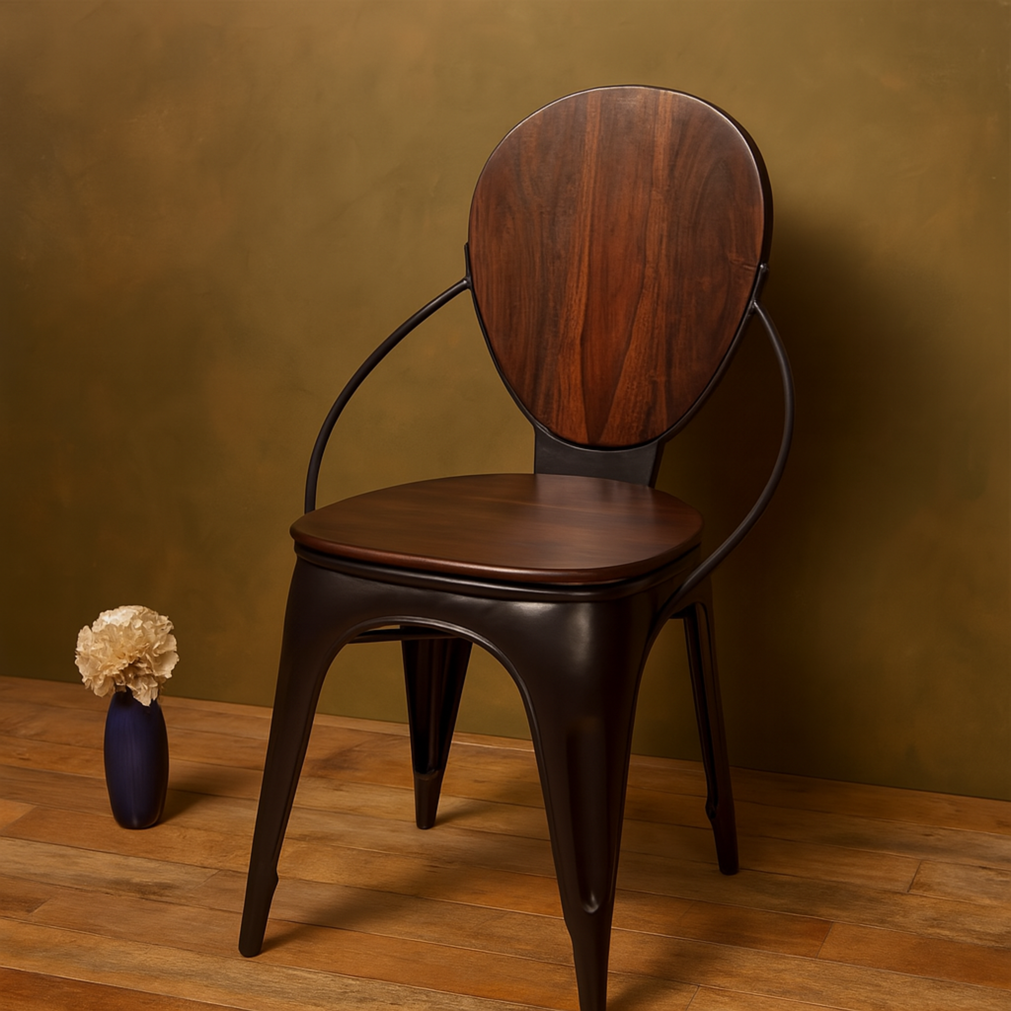 Set of 2 Brown Sheesham Wood Rounded Kitchen Dining Chair with Gunmetal Tapered Legs and Curved Support