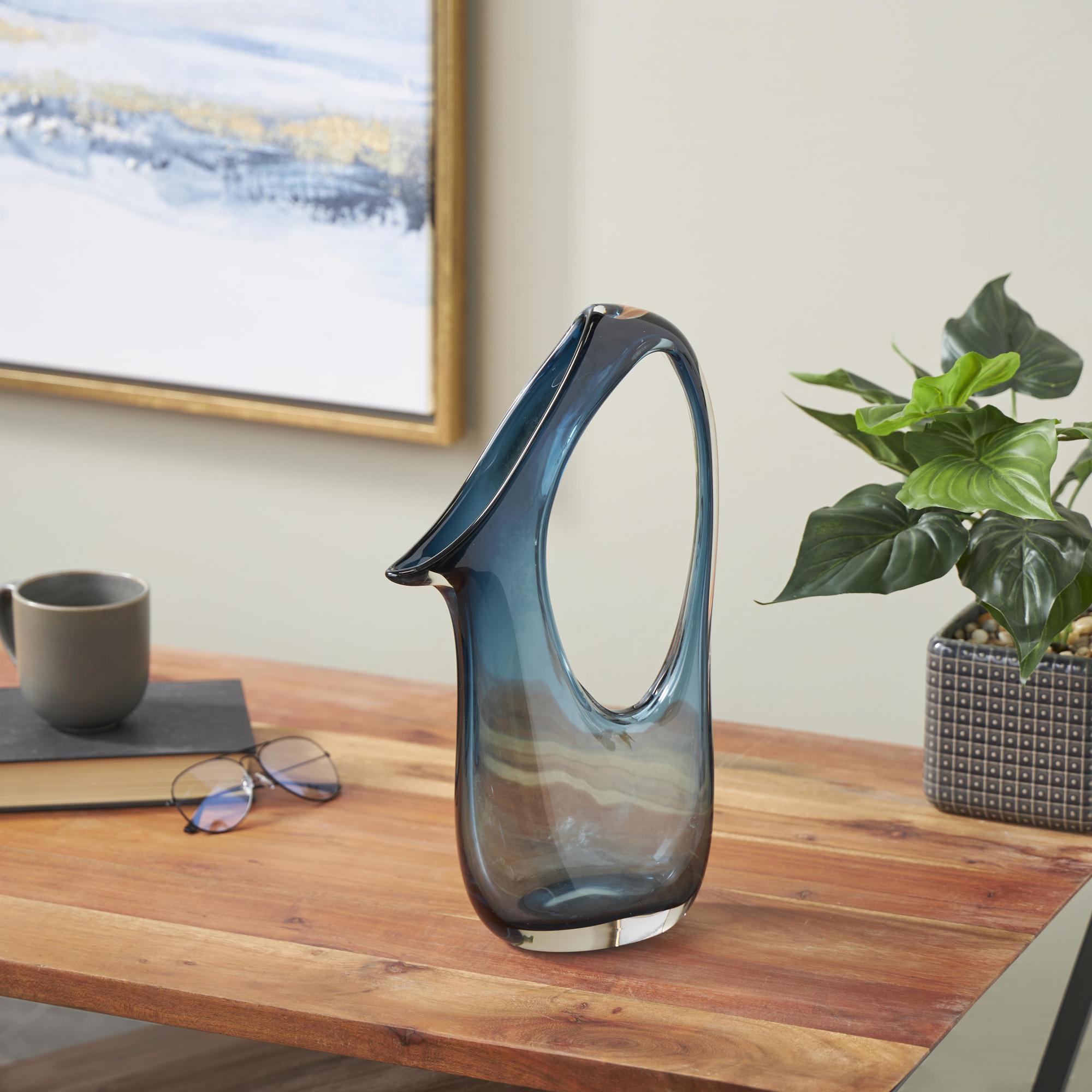 Abstract Blue Glass Ombre Decorative Vase with Cutout Handle and Elongated Opening