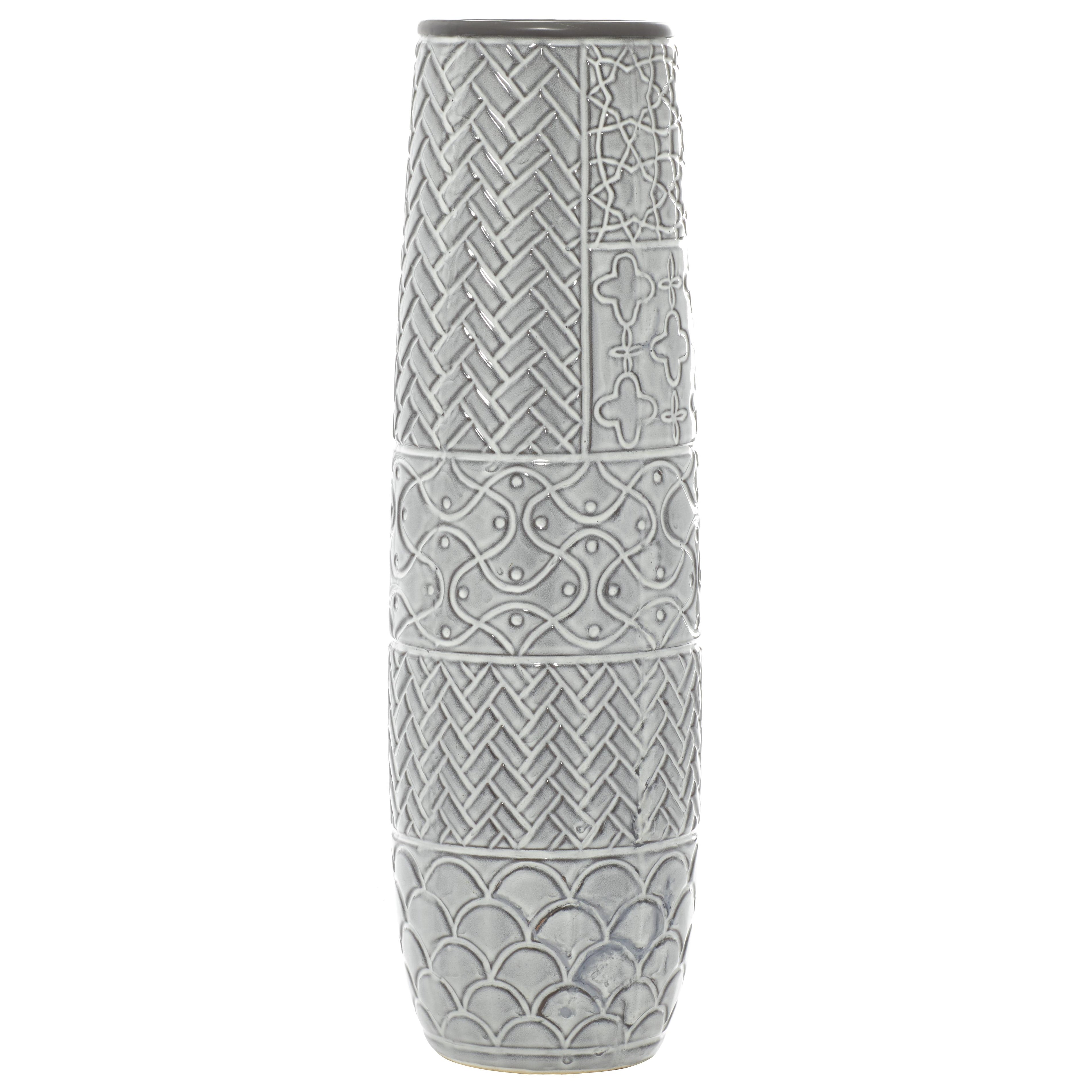 Gray Ceramic Slim Engraved Patterned Decorative Vase with Varying Patterns