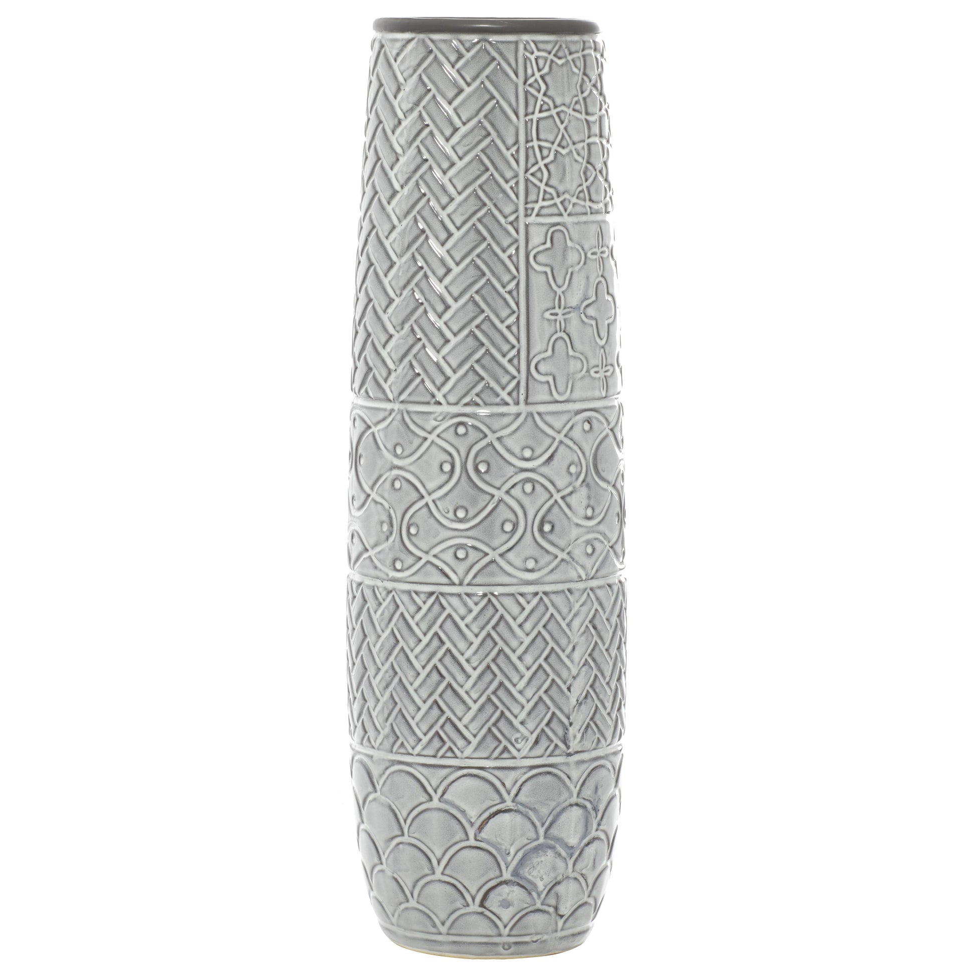 Gray Ceramic Slim Engraved Patterned Decorative Vase with Varying Patterns