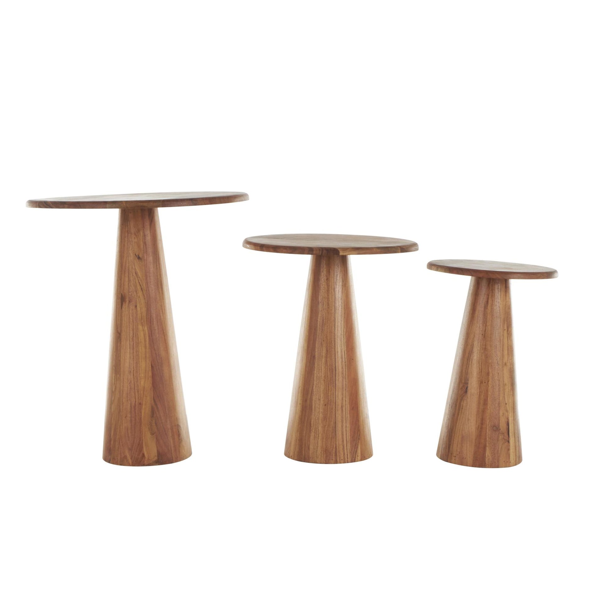 Set of 3 Wood Side End Accent Table with Natural Wood Grains and Cone Shaped Bases