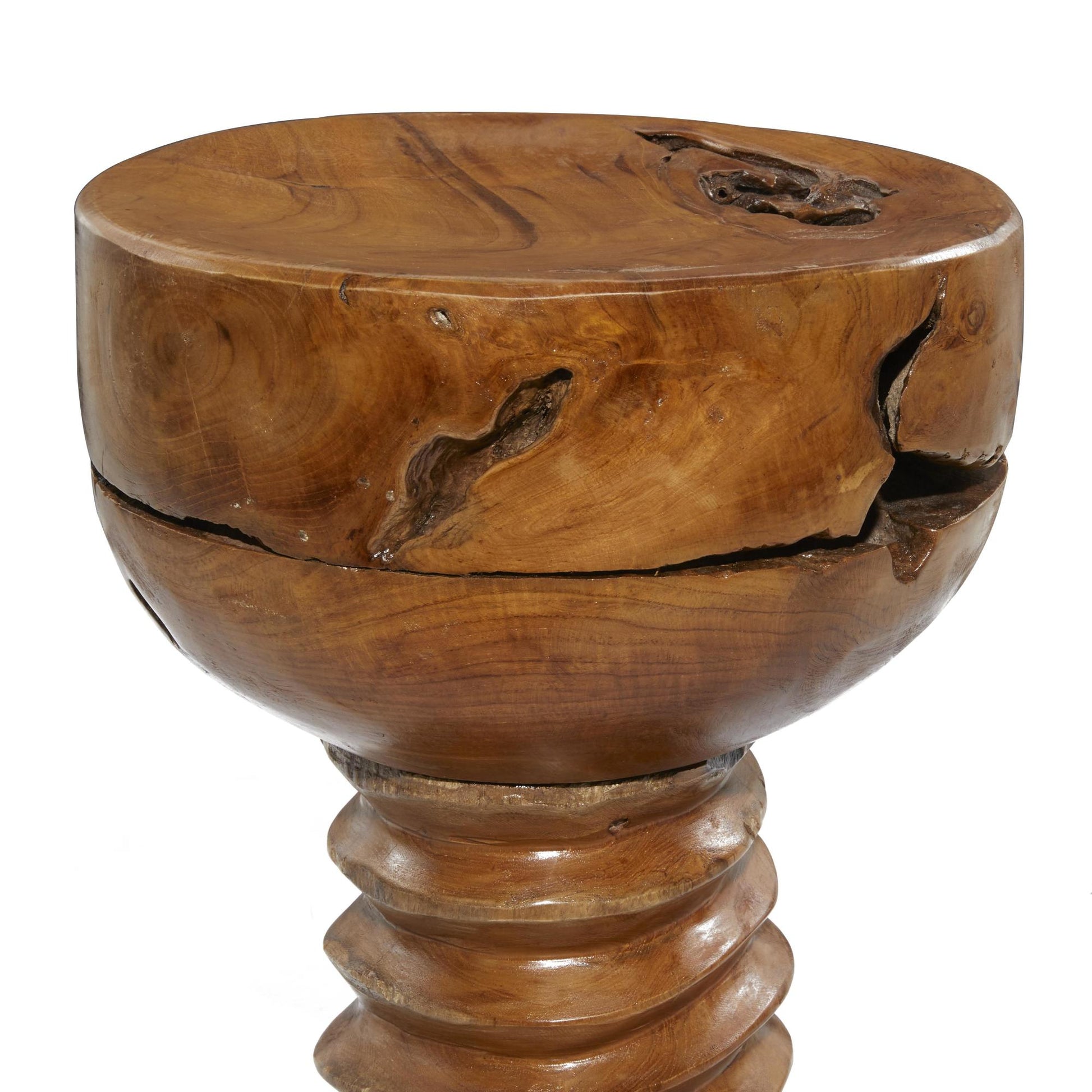 Brown Teak Wood Handmade Live Edge Side End Accent Table with Coiled Base